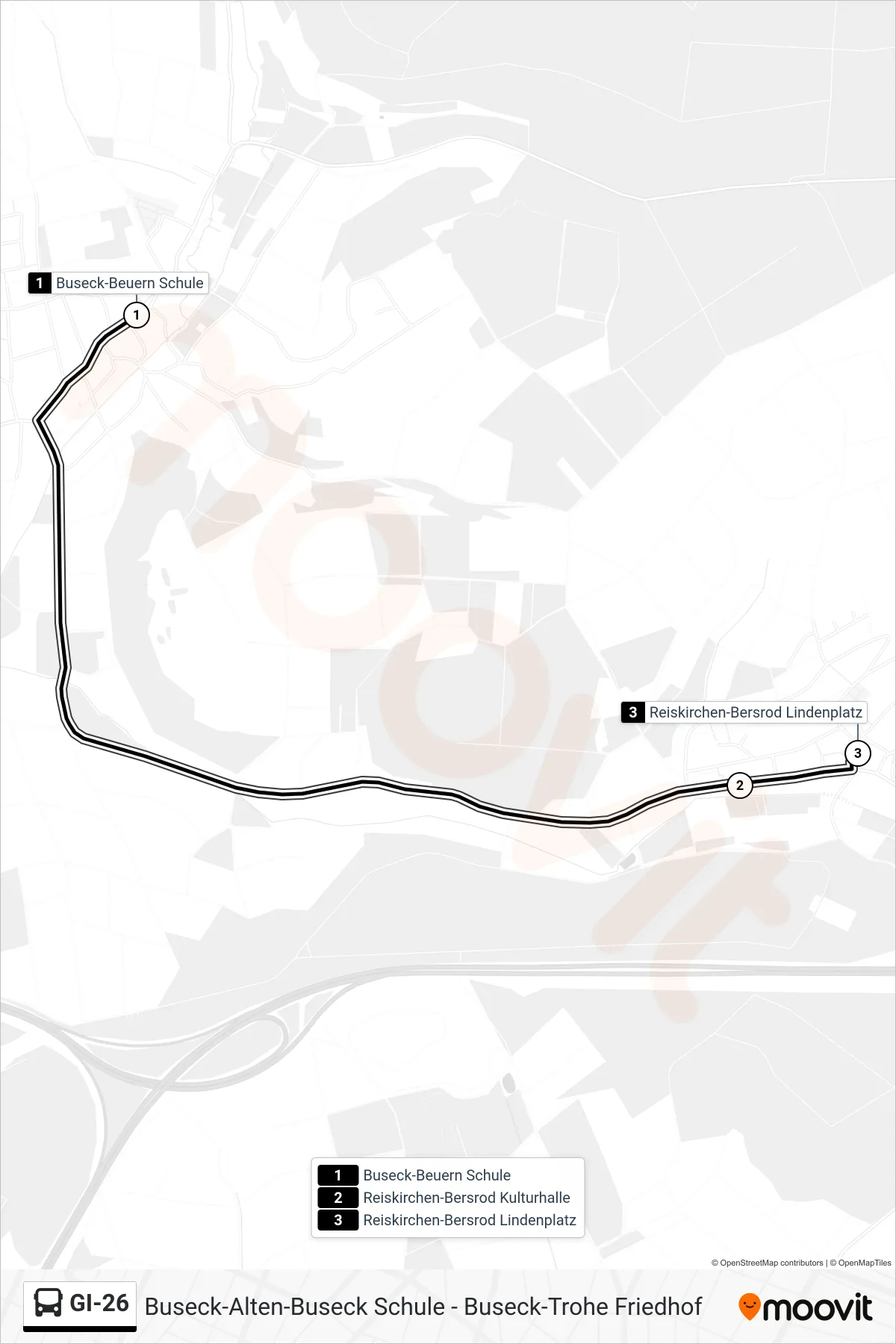 GI-26 bus Line (Reiskirchen-Bersrod Lindenplatz) route and stops on a map