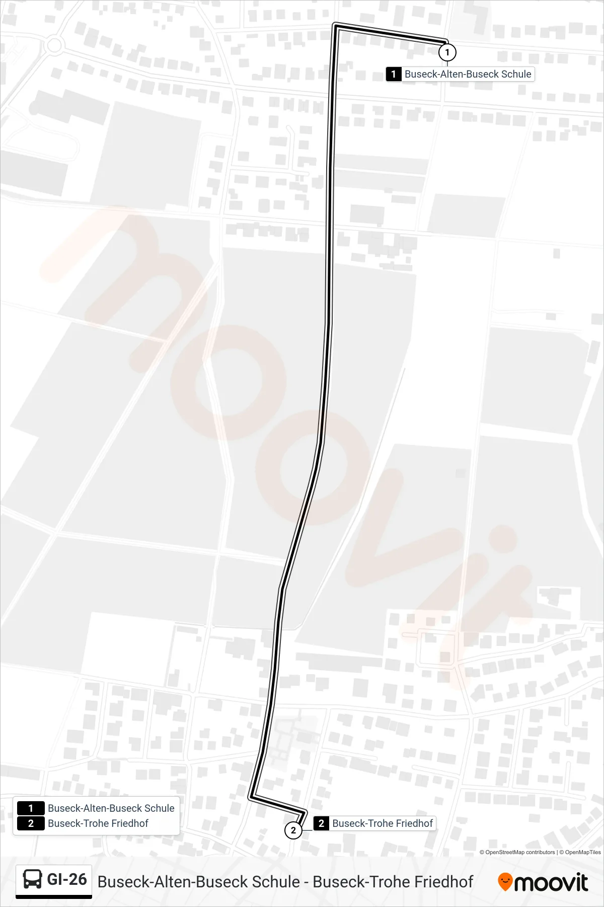 GI-26 bus Line (Buseck-Trohe Friedhof) route and stops on a map