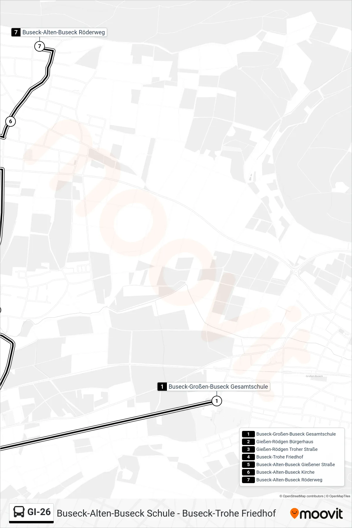 GI-26 bus Line (Buseck-Alten-Buseck Röderweg) route and stops on a map