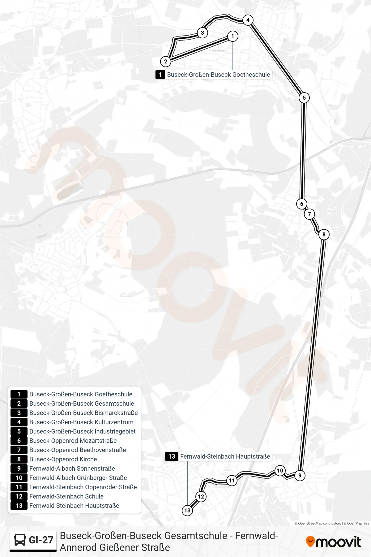 GI-27 bus Line (Fernwald-Steinbach Hauptstraße) route and stops on a map