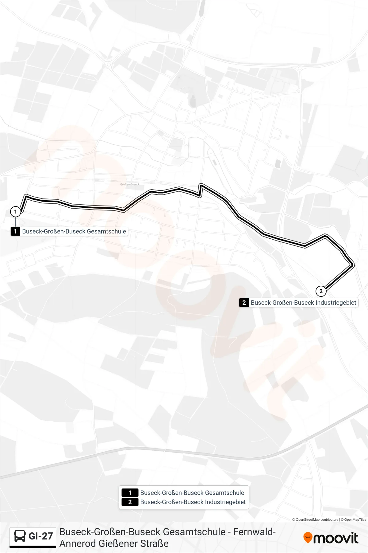 GI-27 bus Line (Buseck-Großen-Buseck Industriegebiet) route and stops on a map