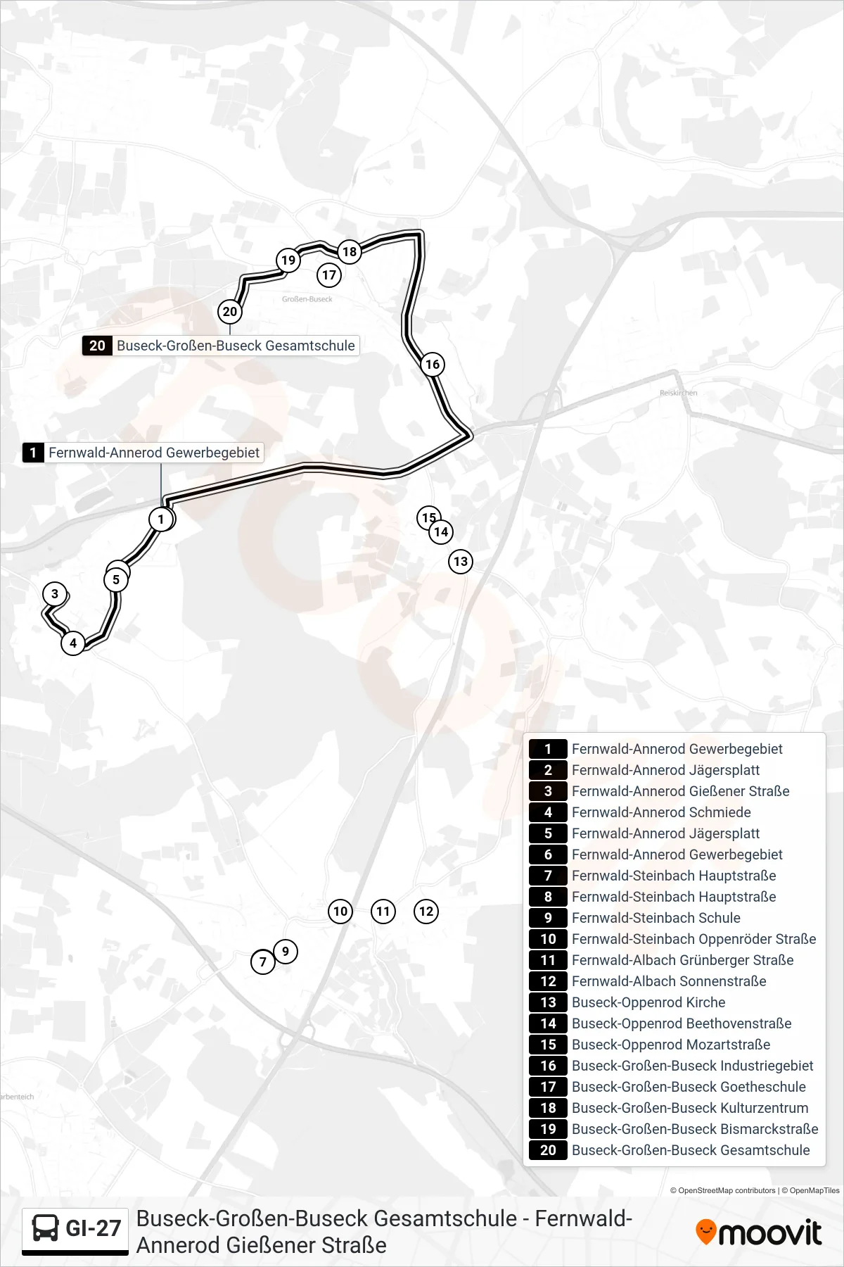 GI-27 bus Line (Buseck-Großen-Buseck Gesamtschule) route and stops on a map