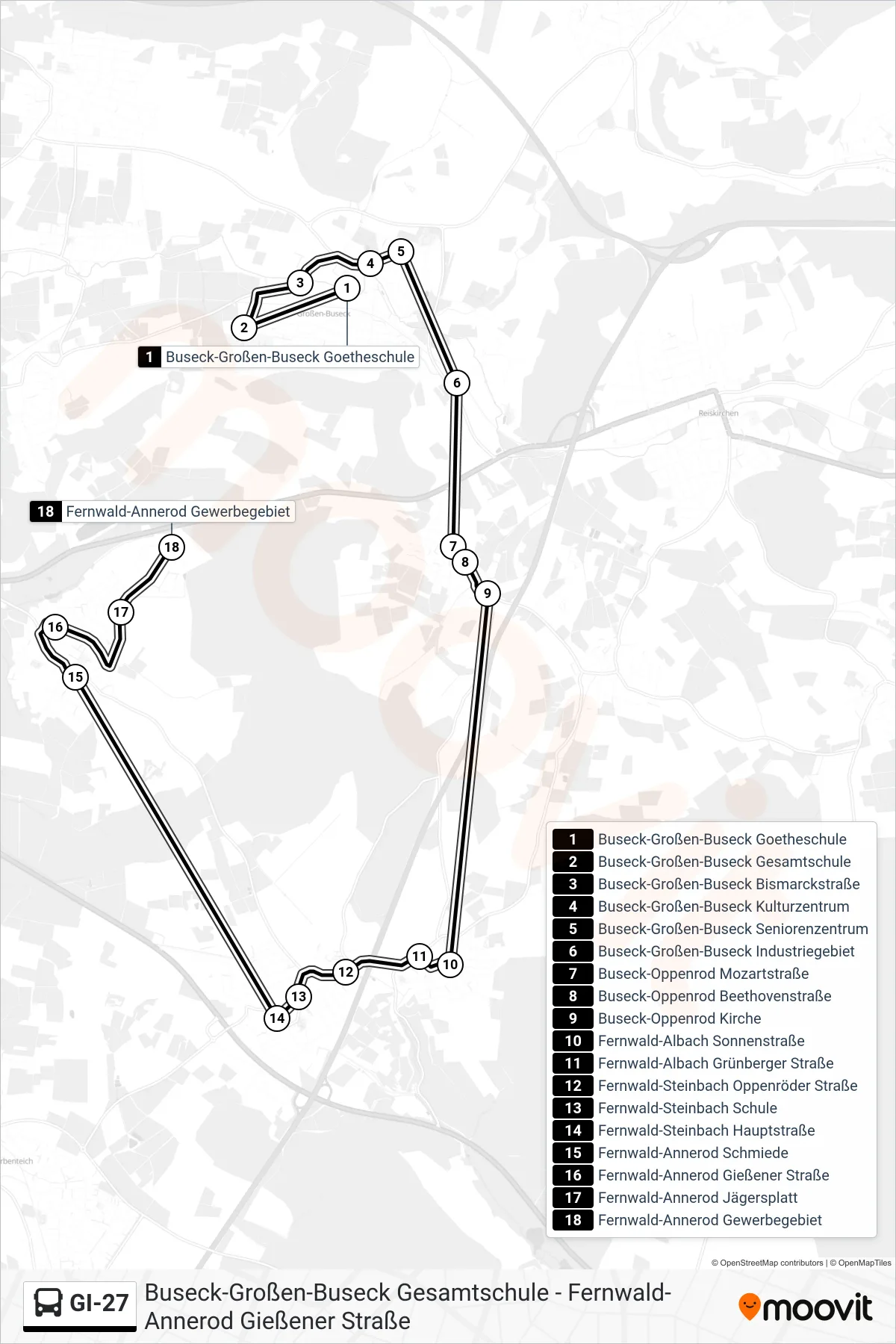 GI-27 bus Line (Fernwald-Annerod Gewerbegebiet) route and stops on a map