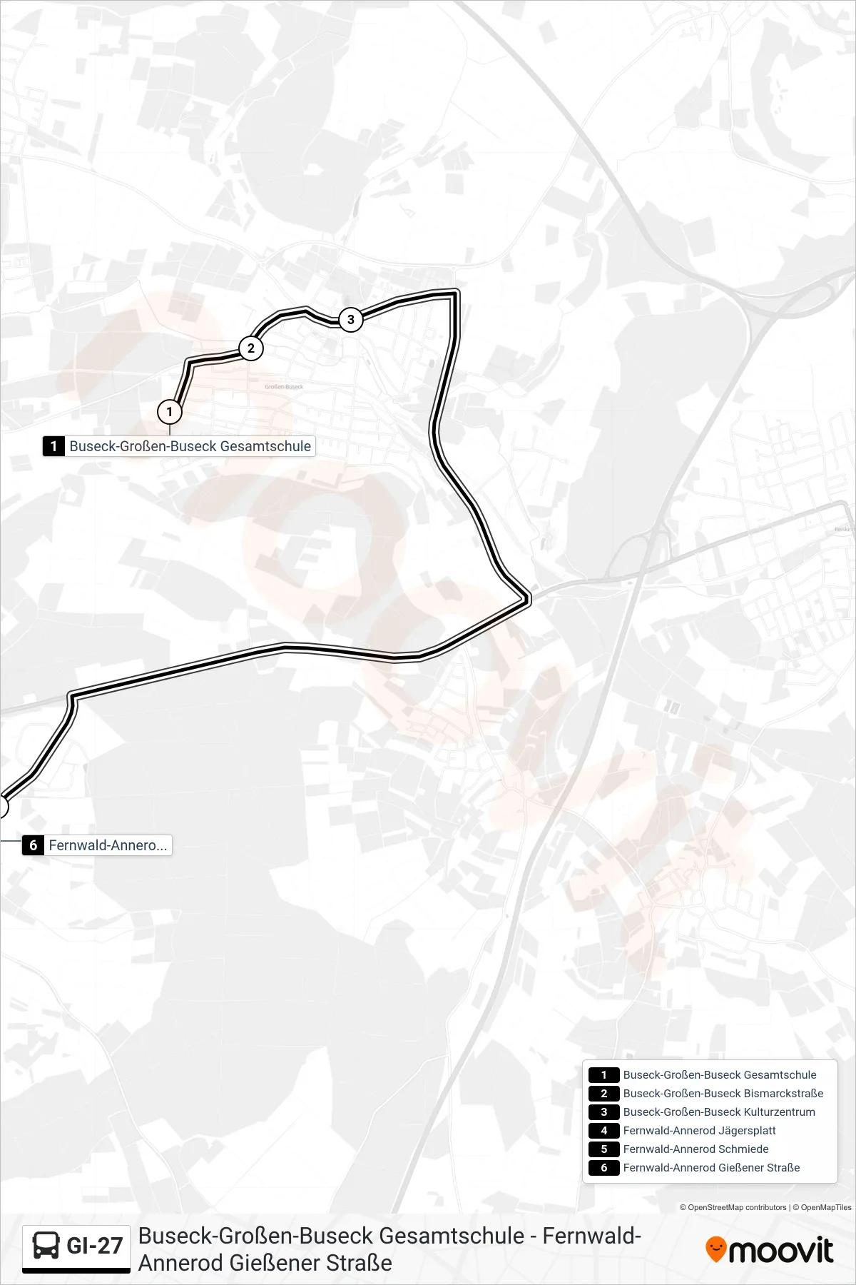 GI-27 bus Line (Fernwald-Annerod Gießener Straße) route and stops on a map