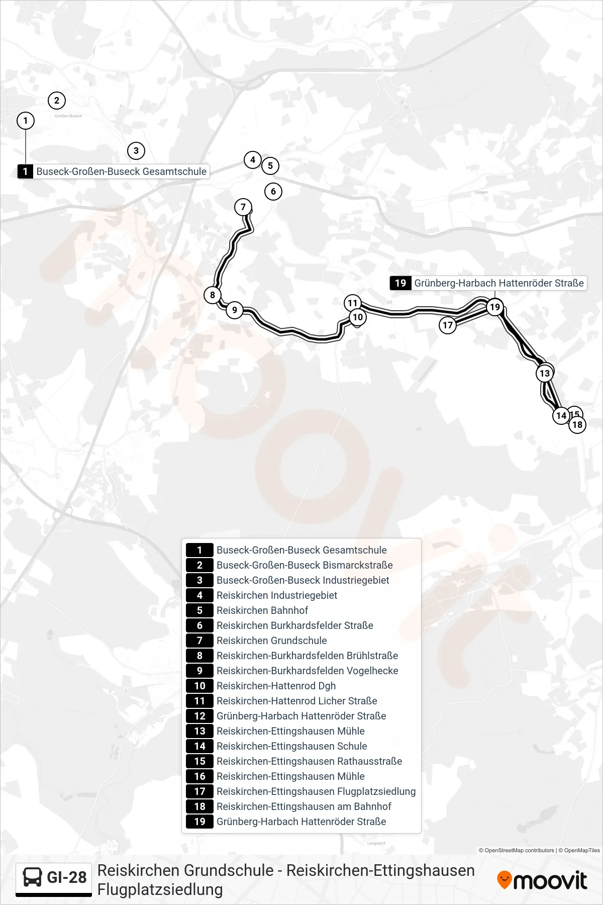 GI-28 bus Line (Reiskirchen-Ettingshausen Flugplatzsiedlung) route and stops on a map