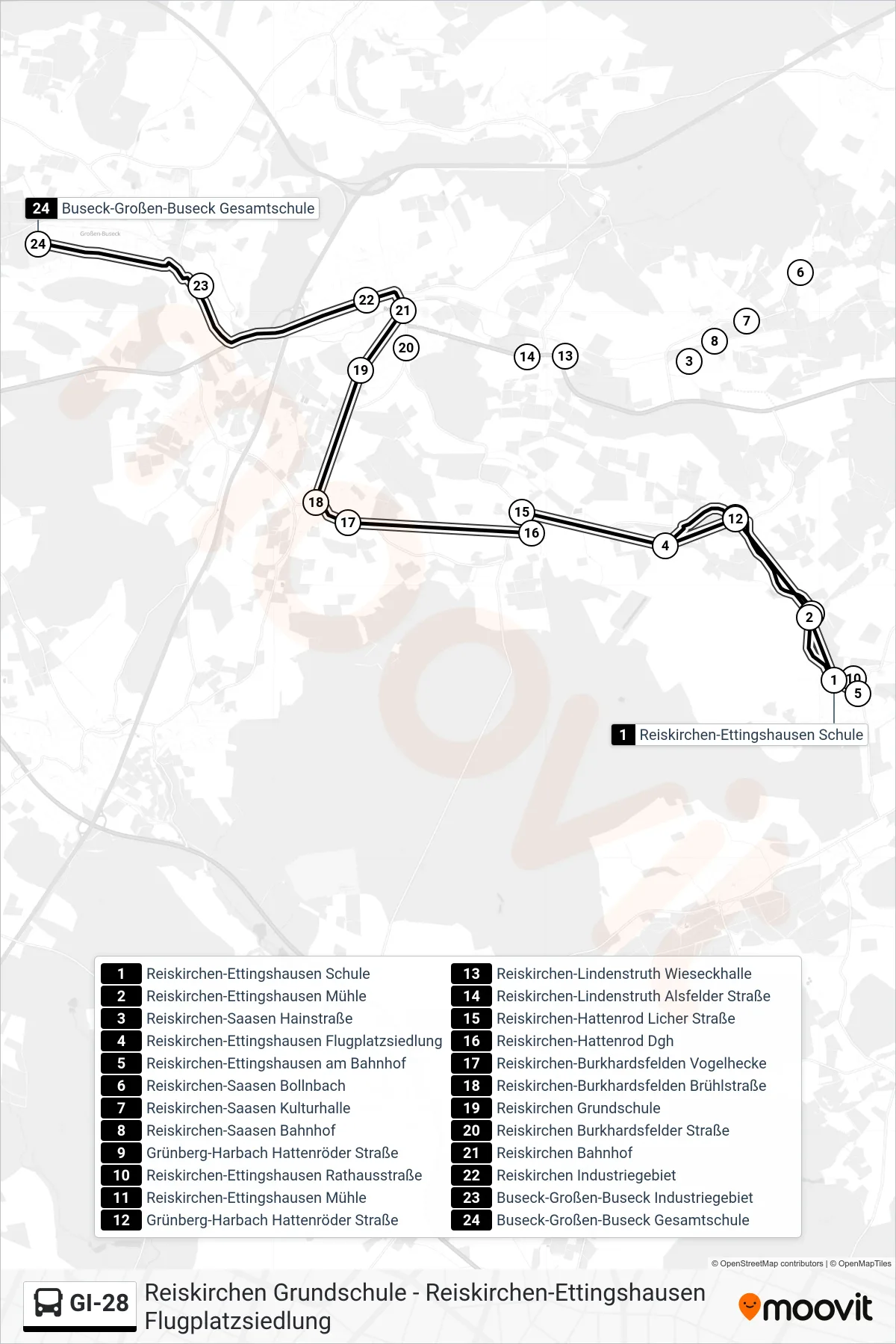GI-28 bus Line (Buseck-Großen-Buseck Gesamtschule) route and stops on a map
