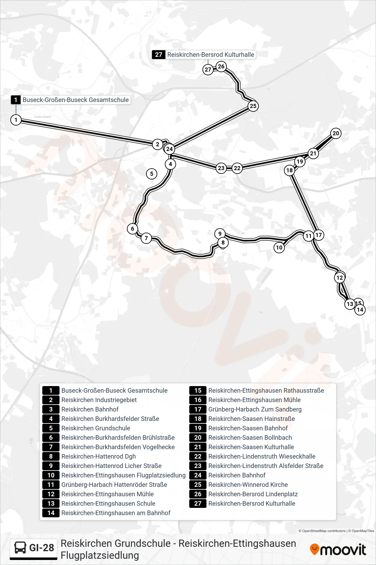 Linie GI-28 (Bus) Richtung Reiskirchen-Bersrod Kulturhalle: Route und Haltestellen auf der Karte