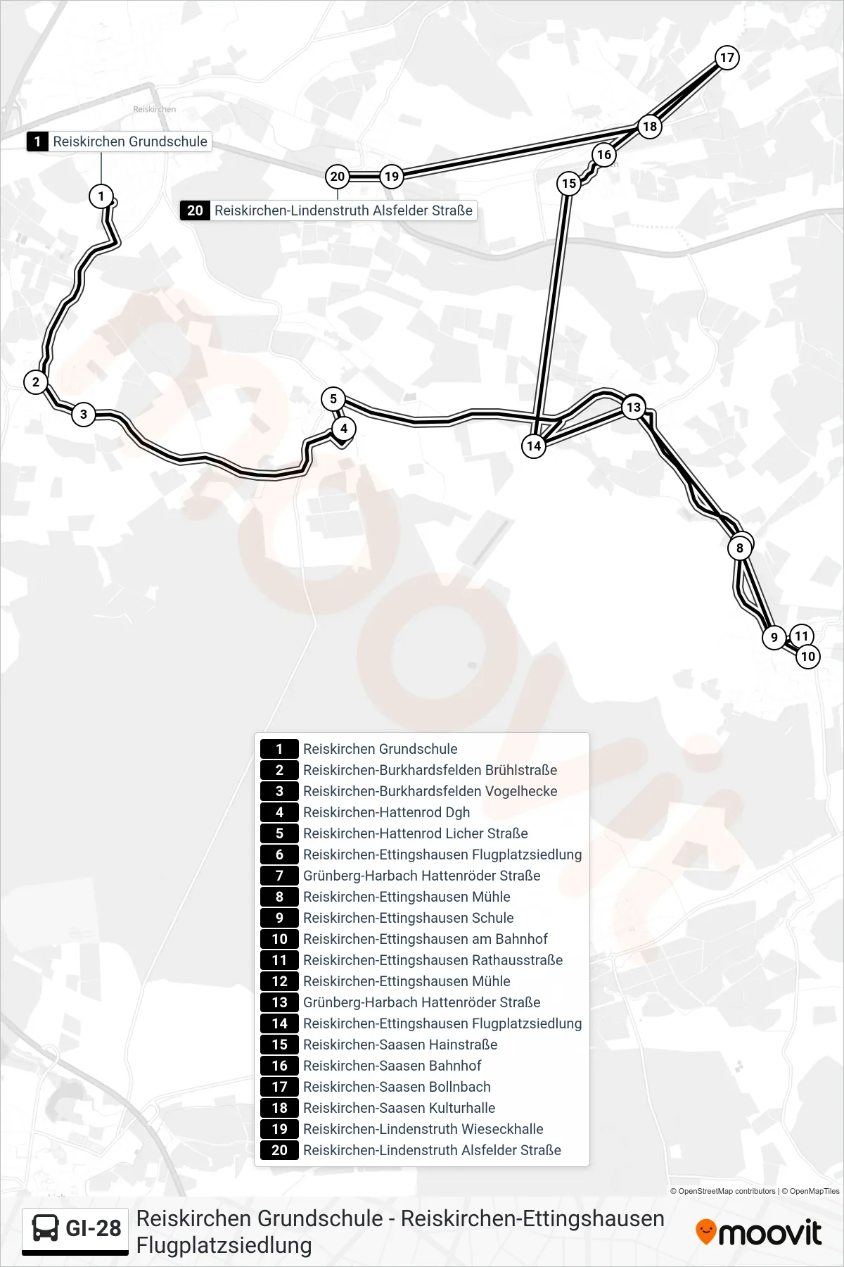 GI-28 bus Line (Reiskirchen-Lindenstruth Alsfelder Straße) route and stops on a map