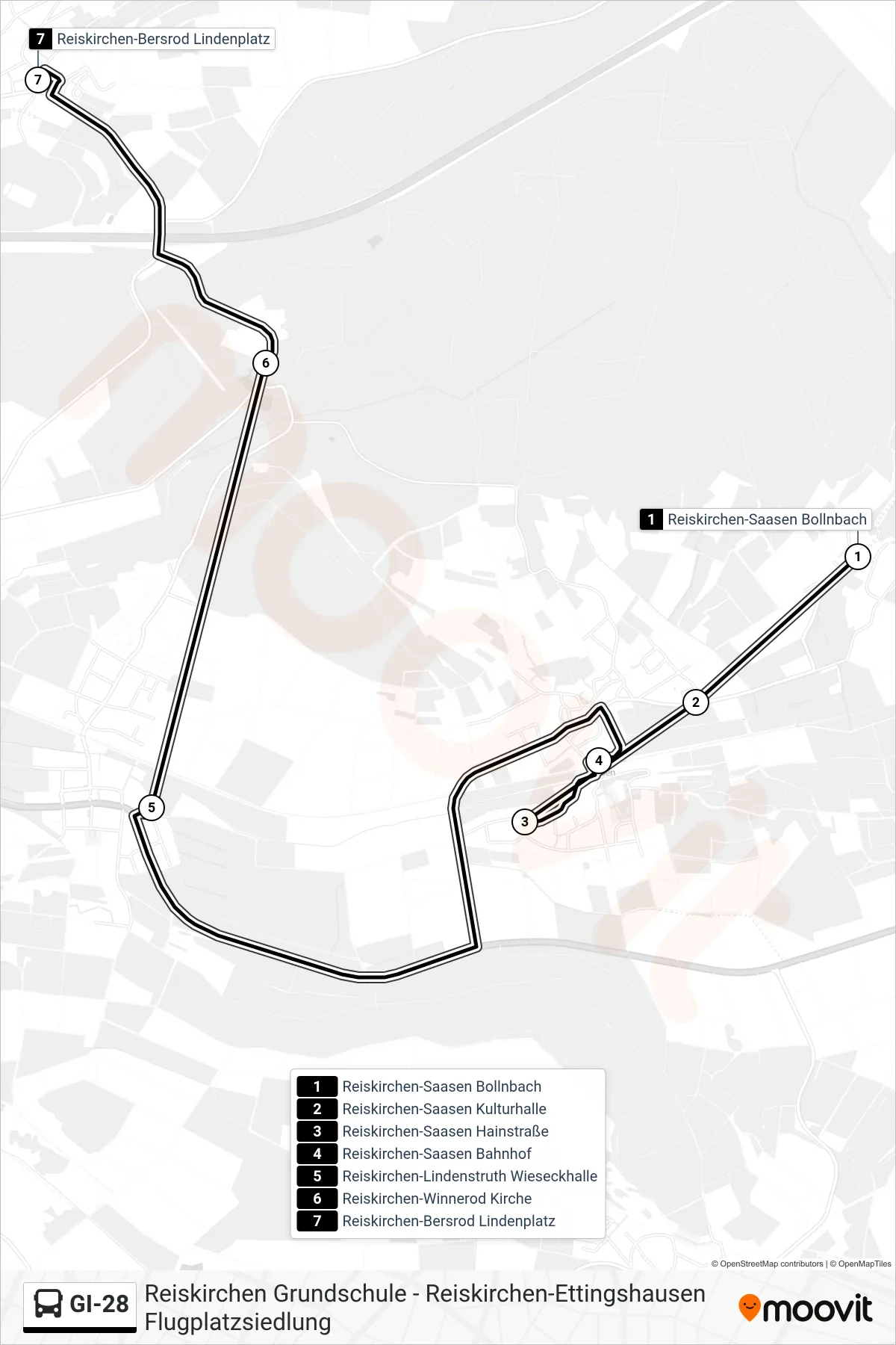GI-28 bus Line (Reiskirchen-Bersrod Lindenplatz) route and stops on a map