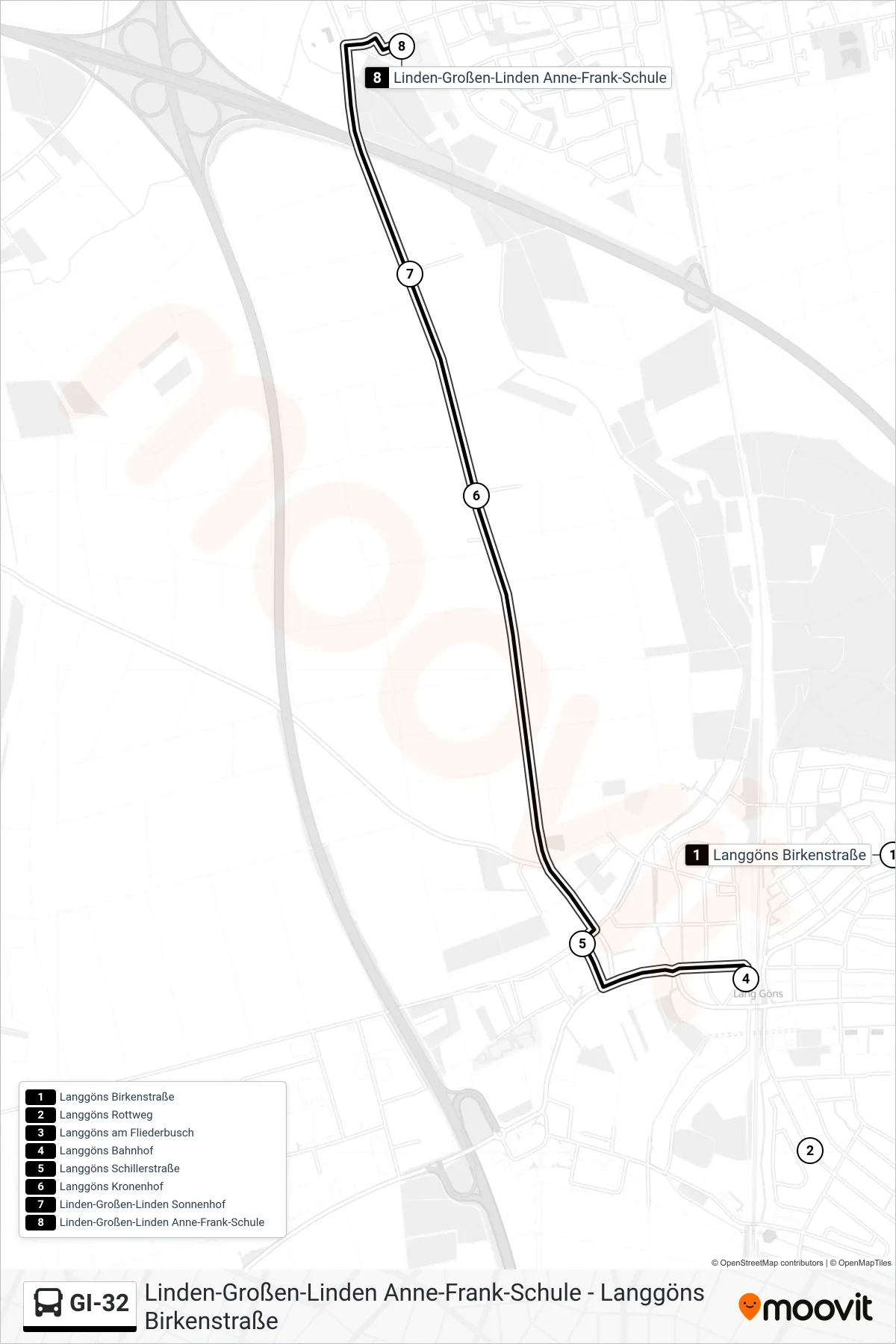 GI-32 bus Line (Linden-Großen-Linden Anne-Frank-Schule) route and stops on a map
