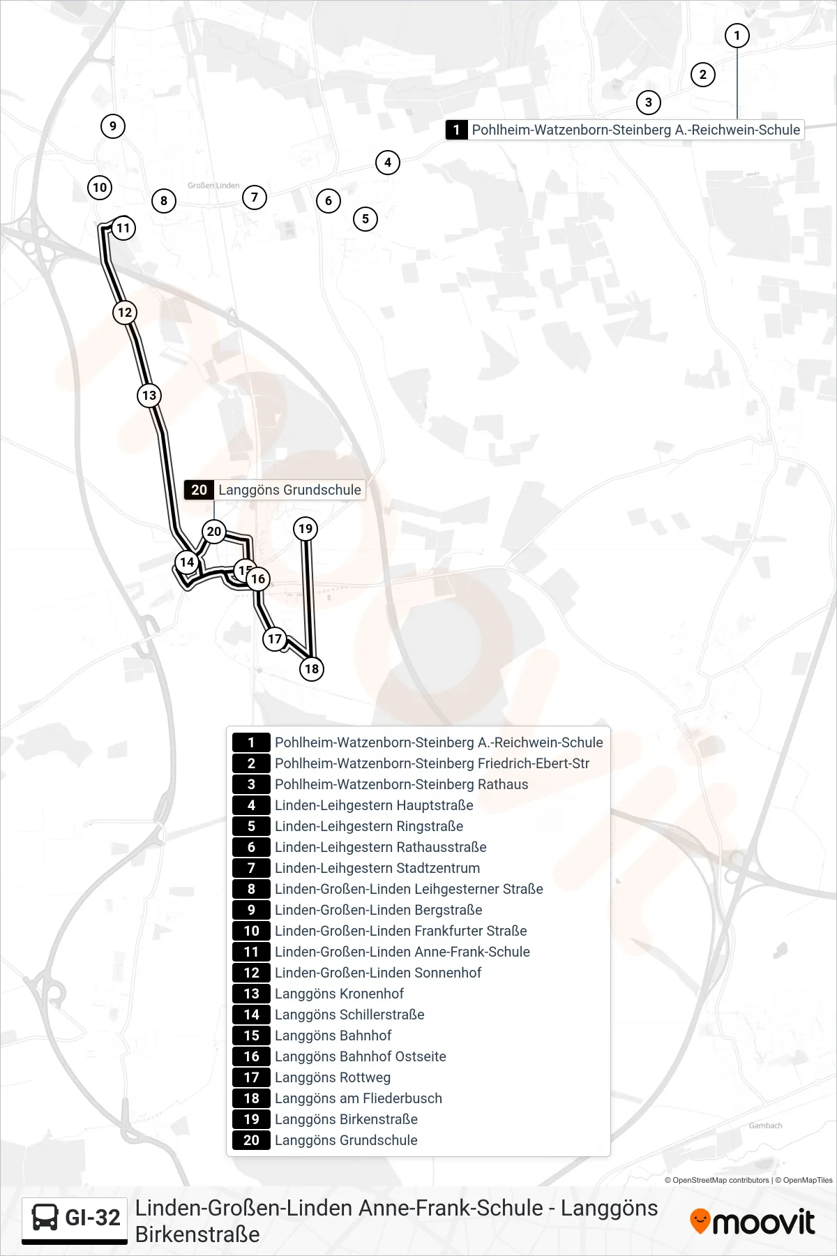 GI-32 bus Line (Langgöns Birkenstraße) route and stops on a map