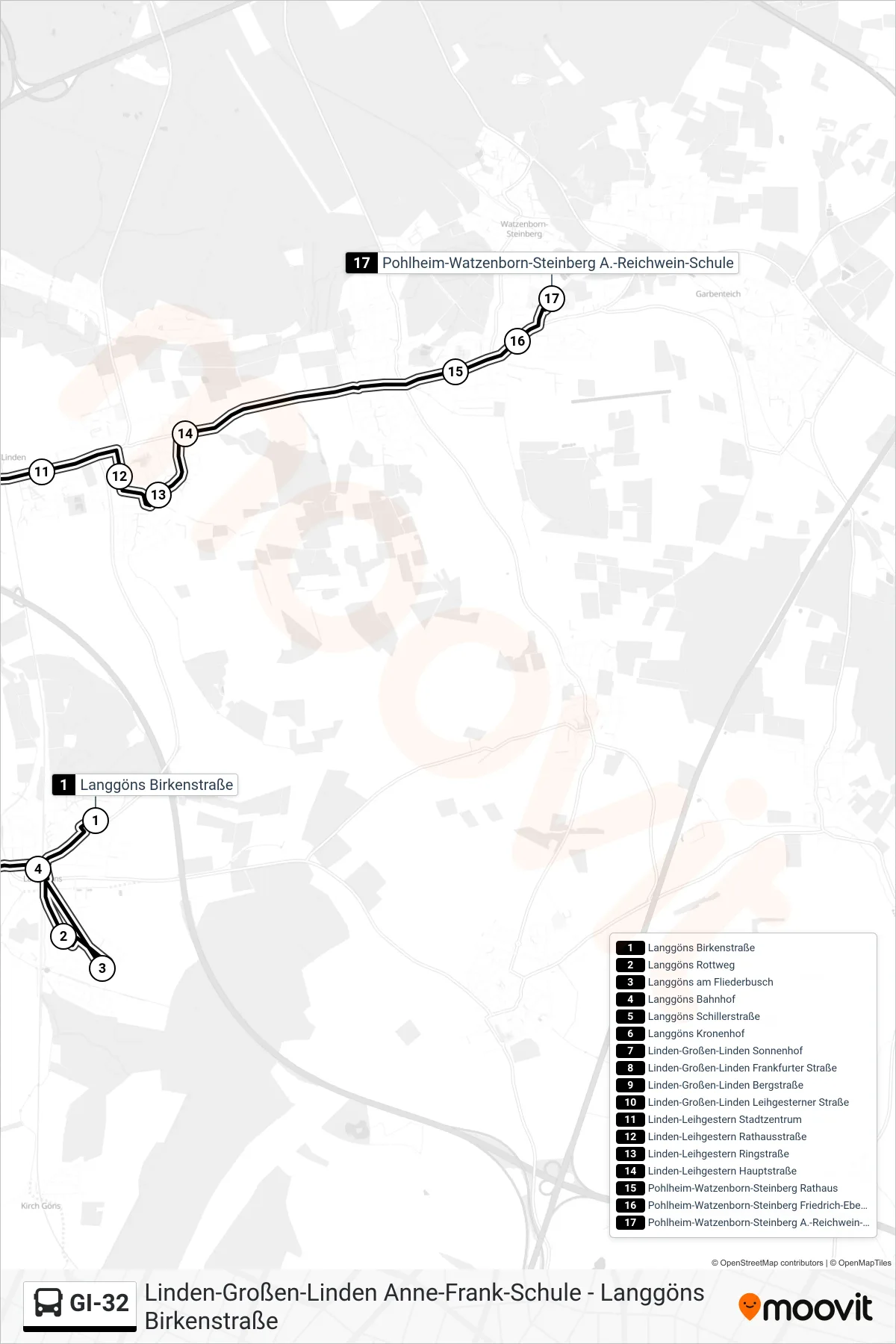GI-32 bus Line (Pohlheim-Watzenborn-Steinberg A.-Reichwein-Schule) route and stops on a map