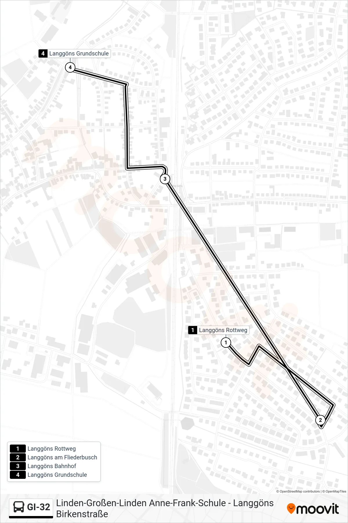 GI-32 bus Line (Langgöns Grundschule) route and stops on a map