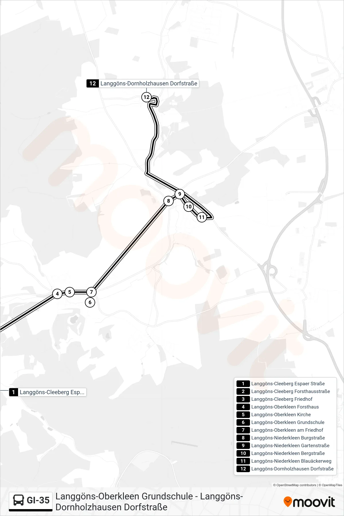GI-35 bus Line (Langgöns-Dornholzhausen Dorfstraße) route and stops on a map