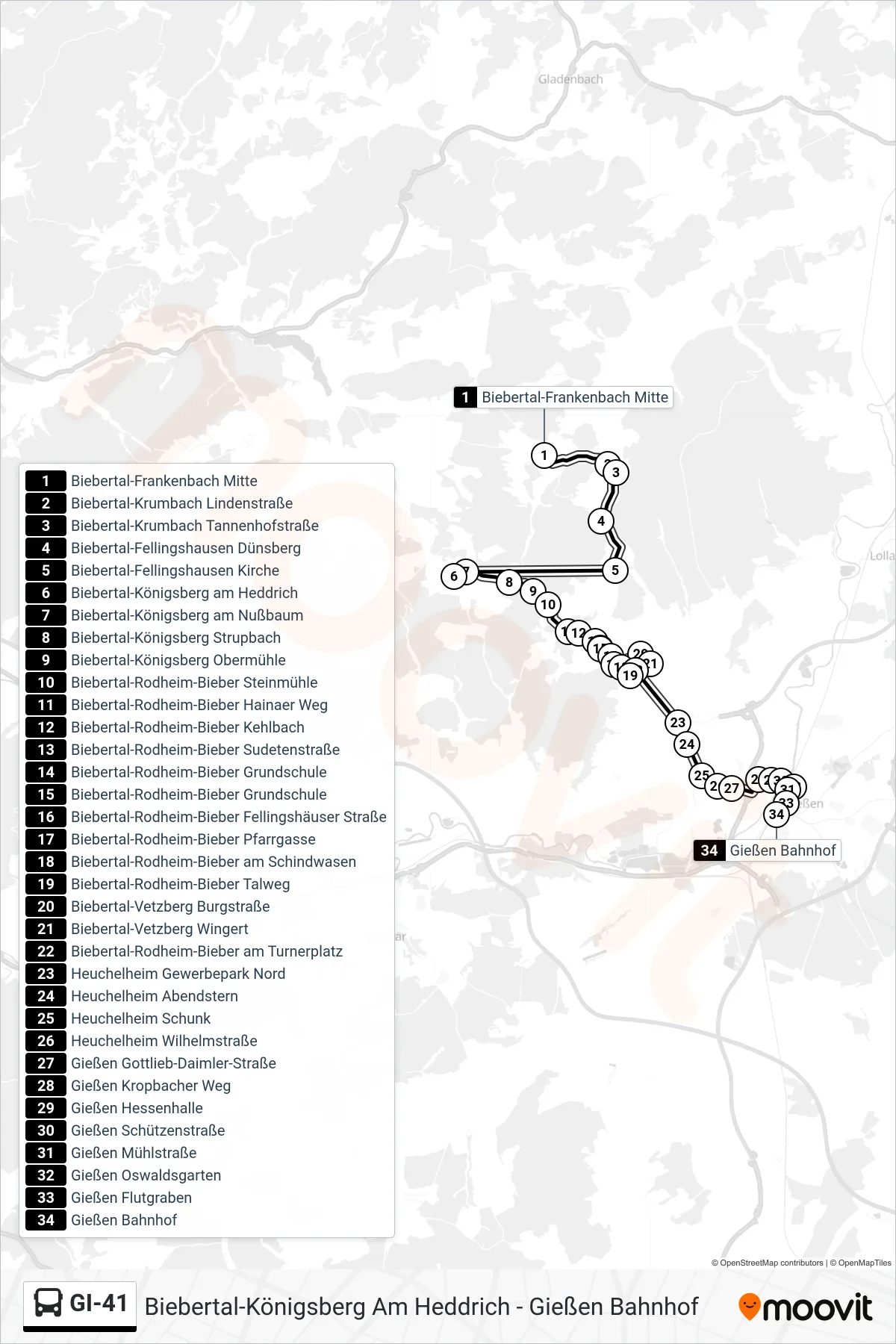 GI-41 bus Line (Gießen Bahnhof) route and stops on a map