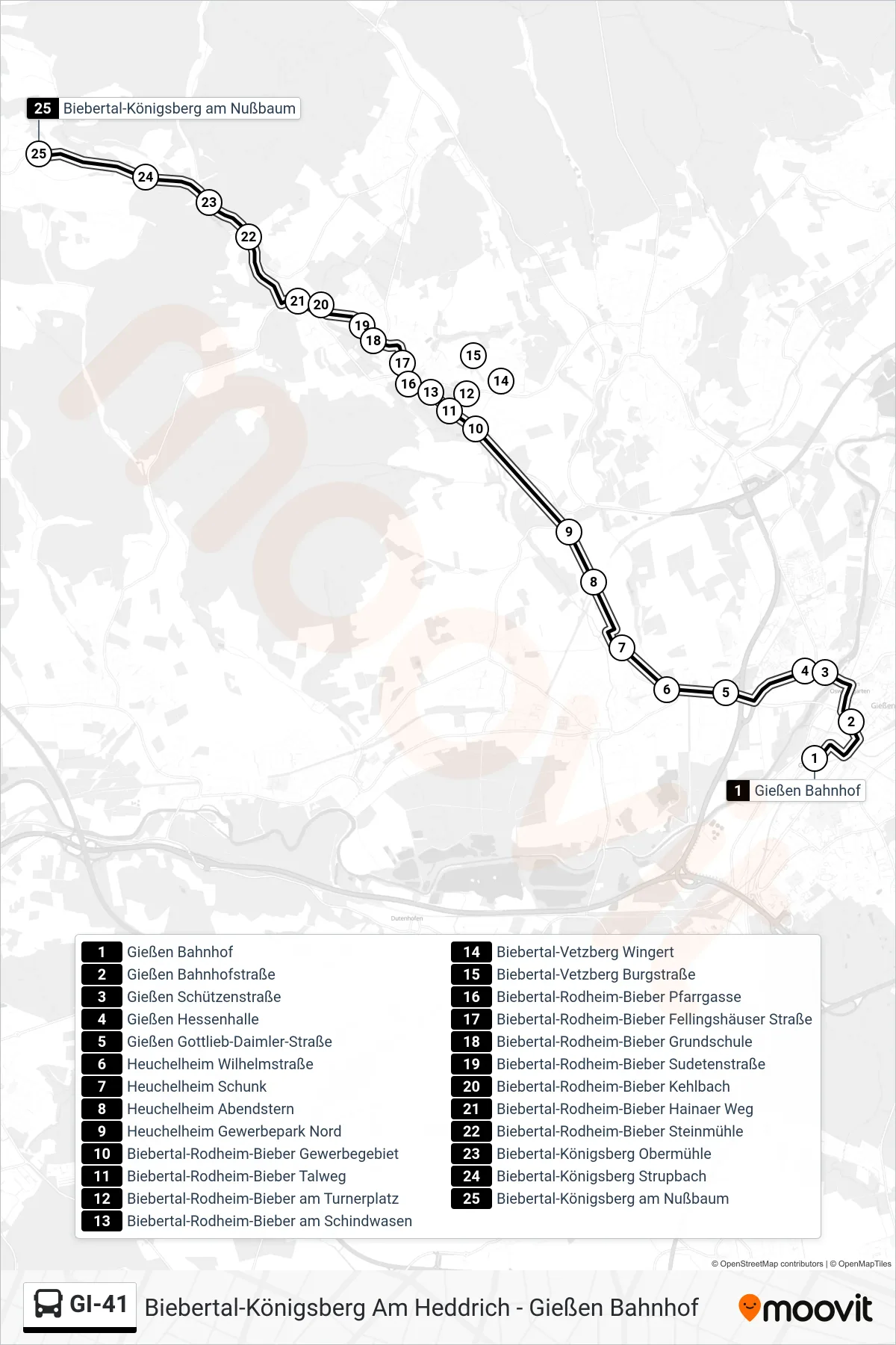 GI-41 bus Line (Biebertal-Königsberg am Nußbaum) route and stops on a map
