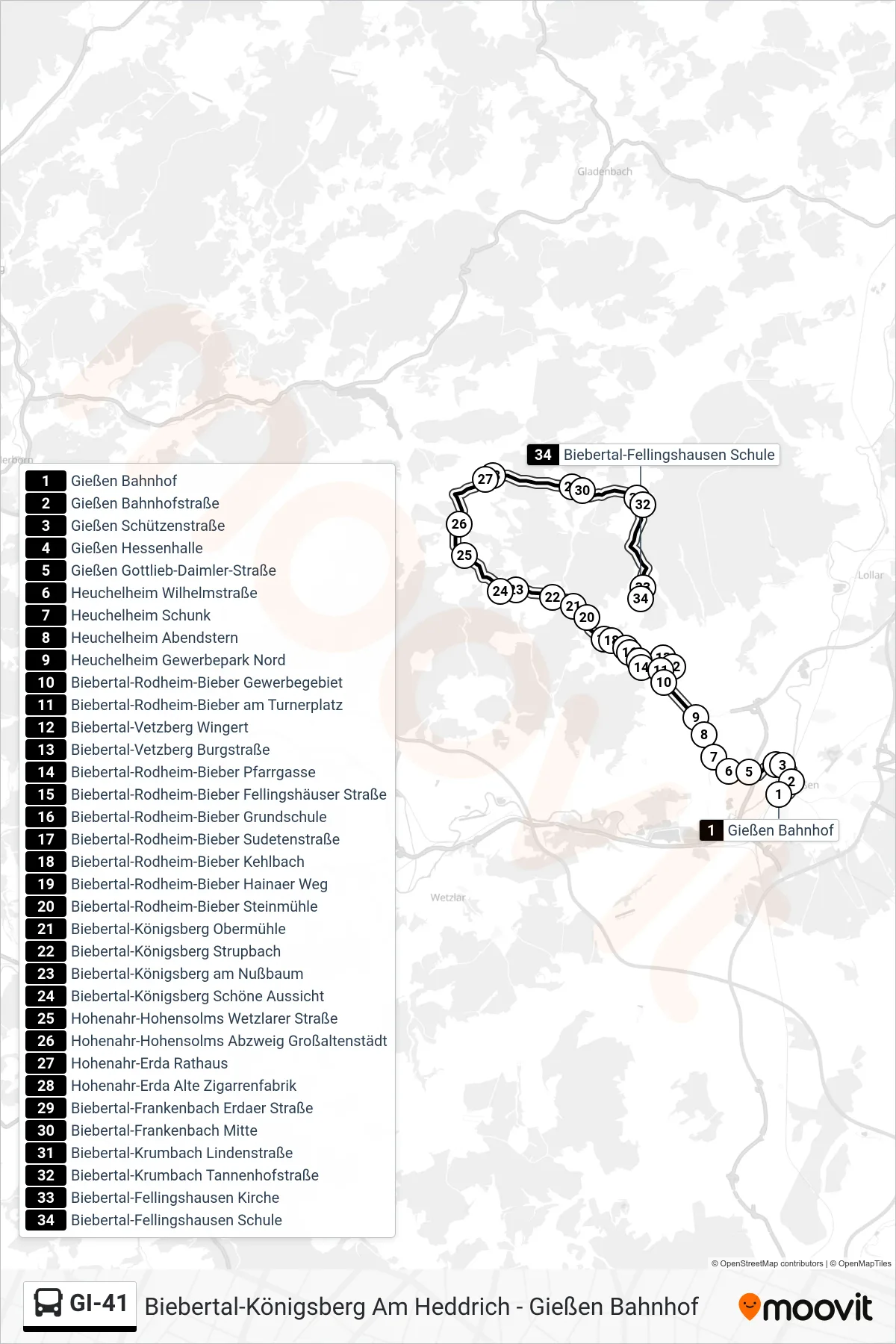 GI-41 bus Line (Biebertal-Fellingshausen Schule) route and stops on a map