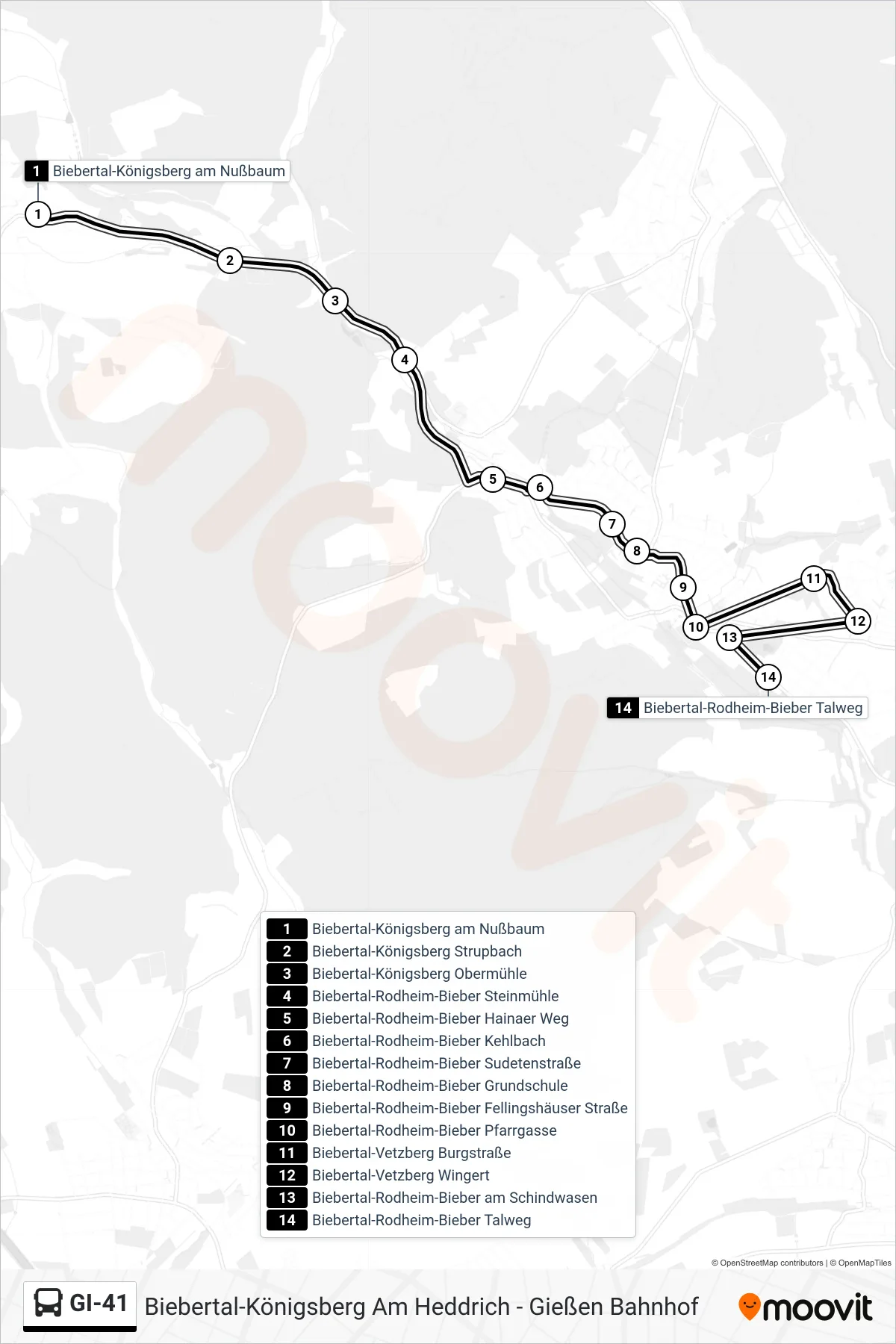 GI-41 bus Line (Biebertal-Rodheim-Bieber Talweg) route and stops on a map
