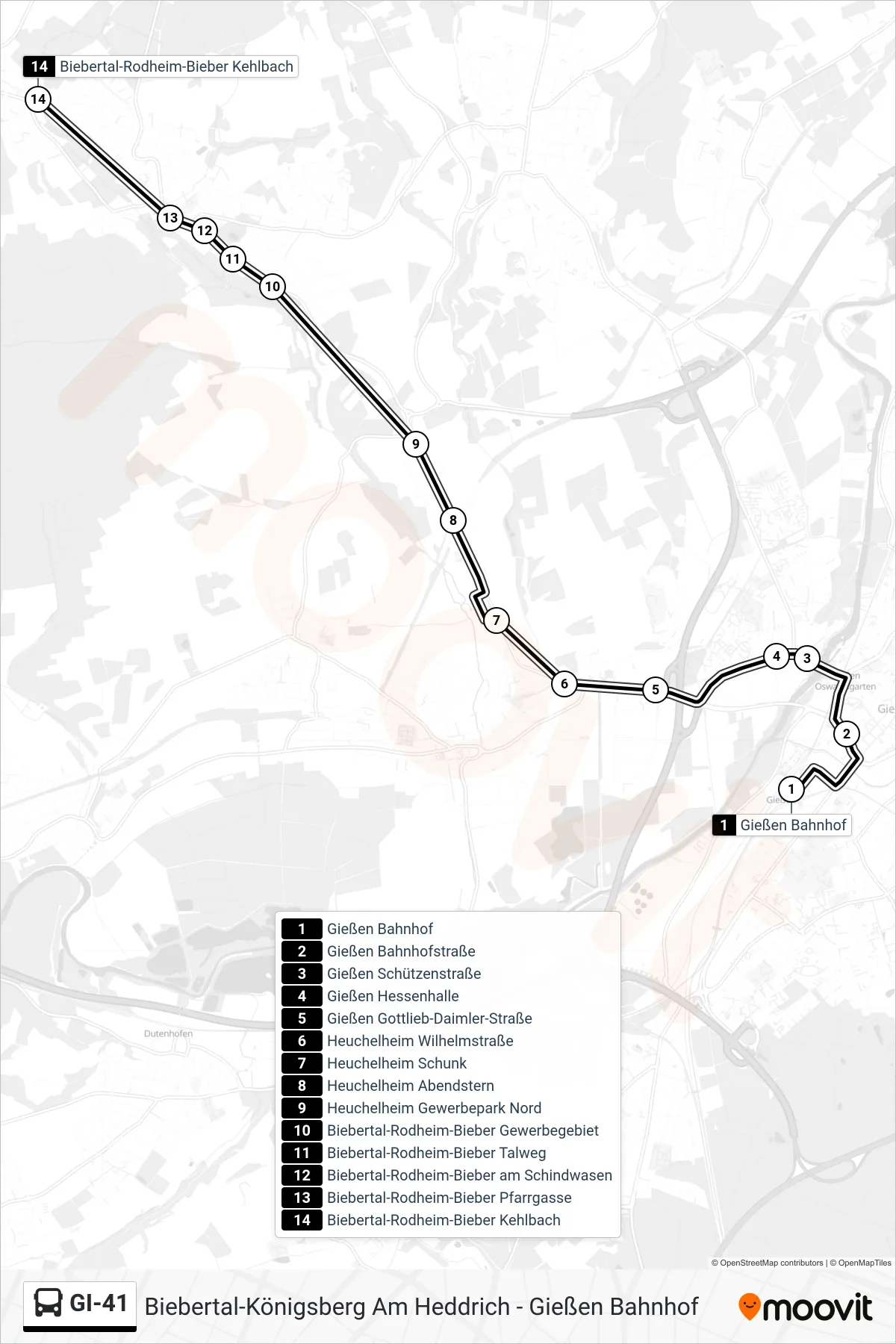 GI-41 bus Line (Biebertal-Rodheim-Bieber Kehlbach) route and stops on a map