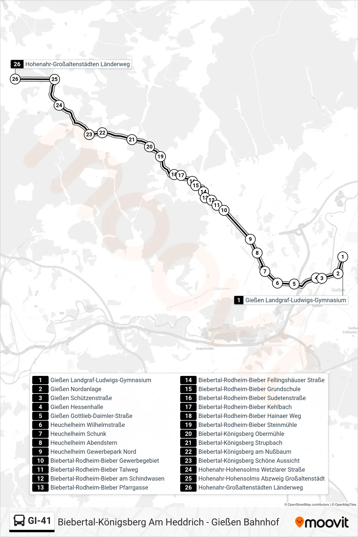 GI-41 bus Line (Hohenahr-Großaltenstädten Länderweg) route and stops on a map