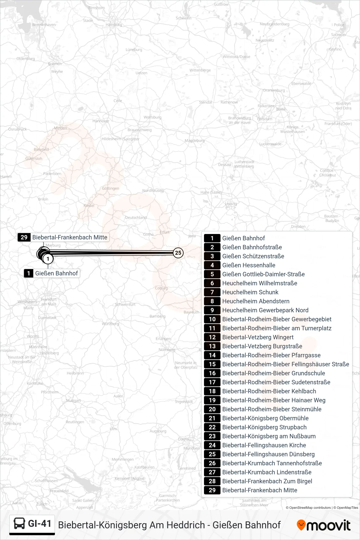 GI-41 bus Line (Biebertal-Frankenbach Mitte) route and stops on a map