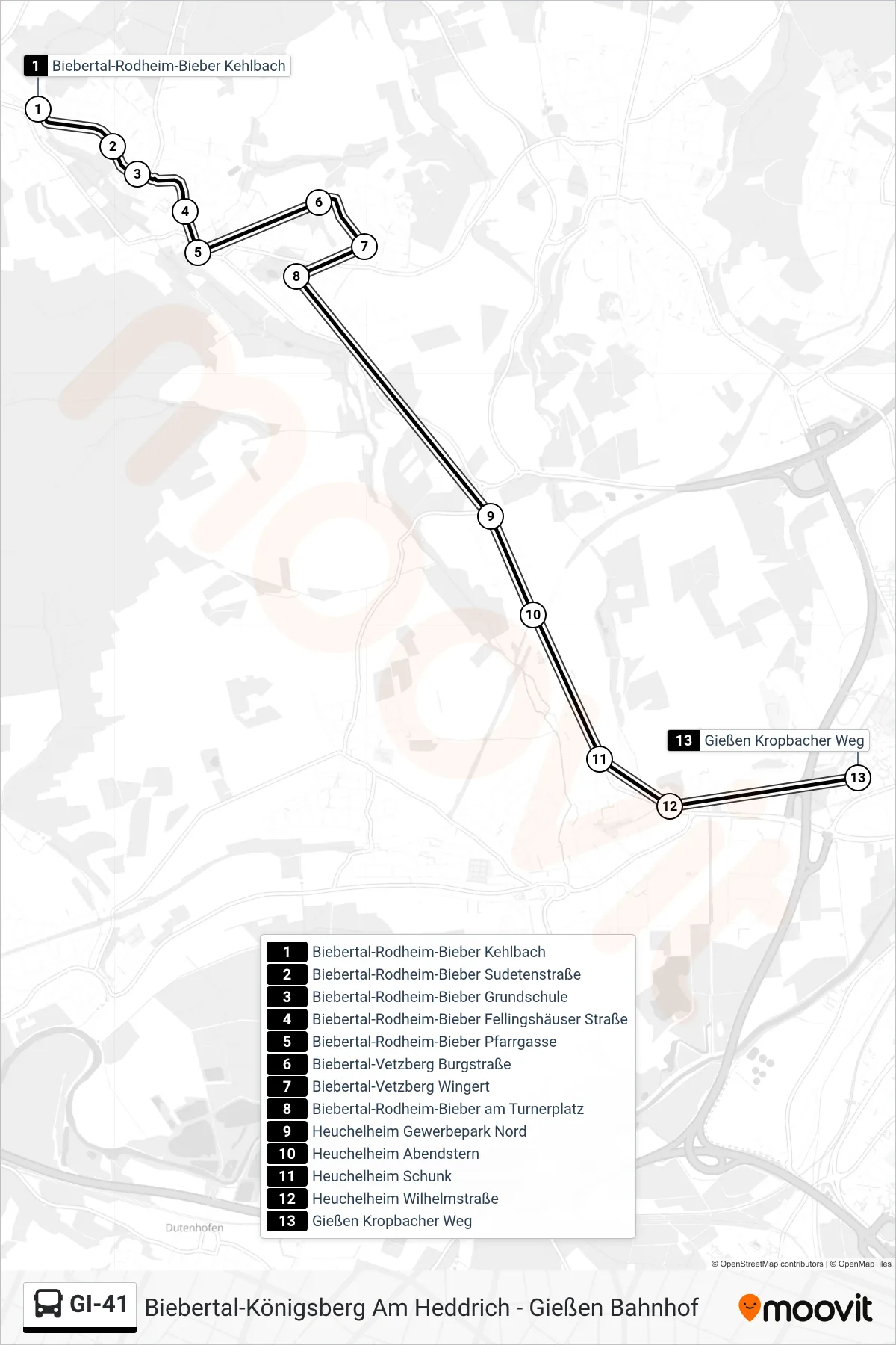 GI-41 bus Line (Gießen Kropbacher Weg) route and stops on a map
