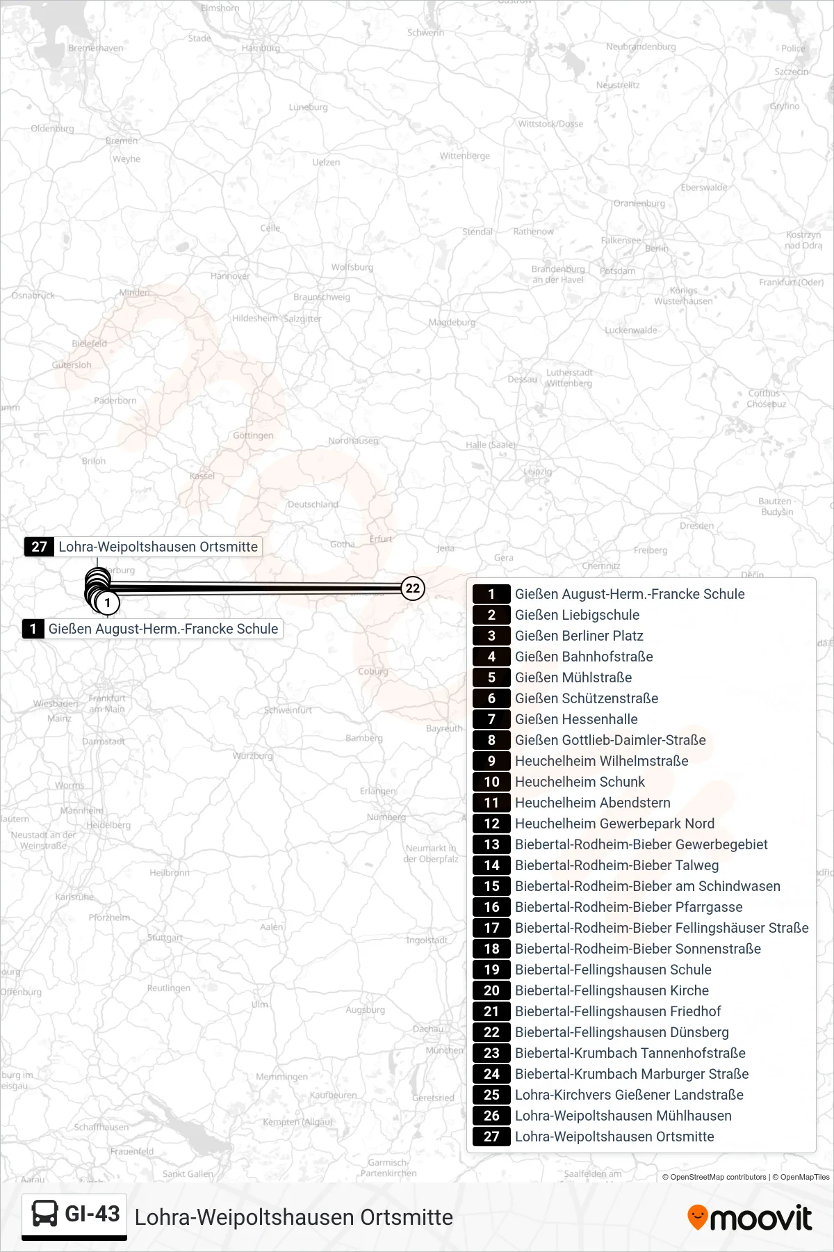 Linie GI-43 (Bus) Richtung Lohra-Weipoltshausen Ortsmitte: Route und Haltestellen auf der Karte