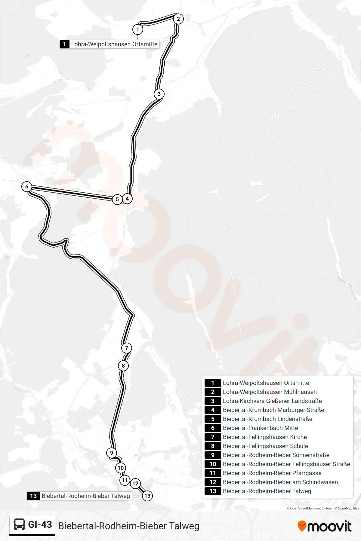 GI-43 bus Line (Biebertal-Rodheim-Bieber Talweg) route and stops on a map