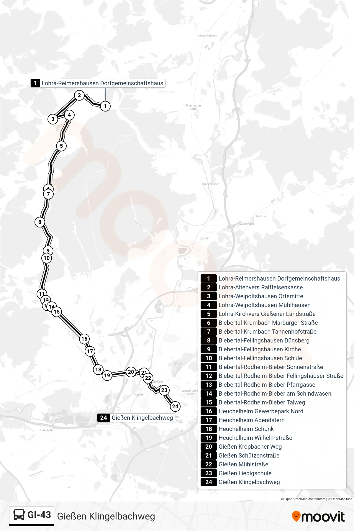 GI-43 bus Line (Gießen Klingelbachweg) route and stops on a map