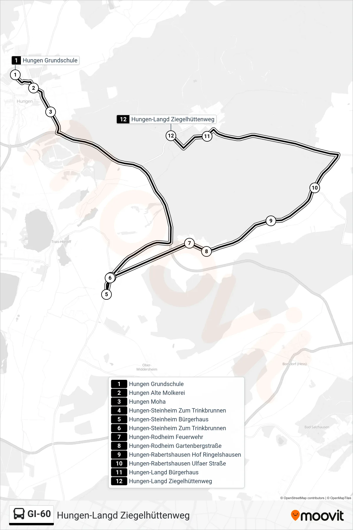 GI-60 bus Line (Hungen-Langd Ziegelhüttenweg) route and stops on a map
