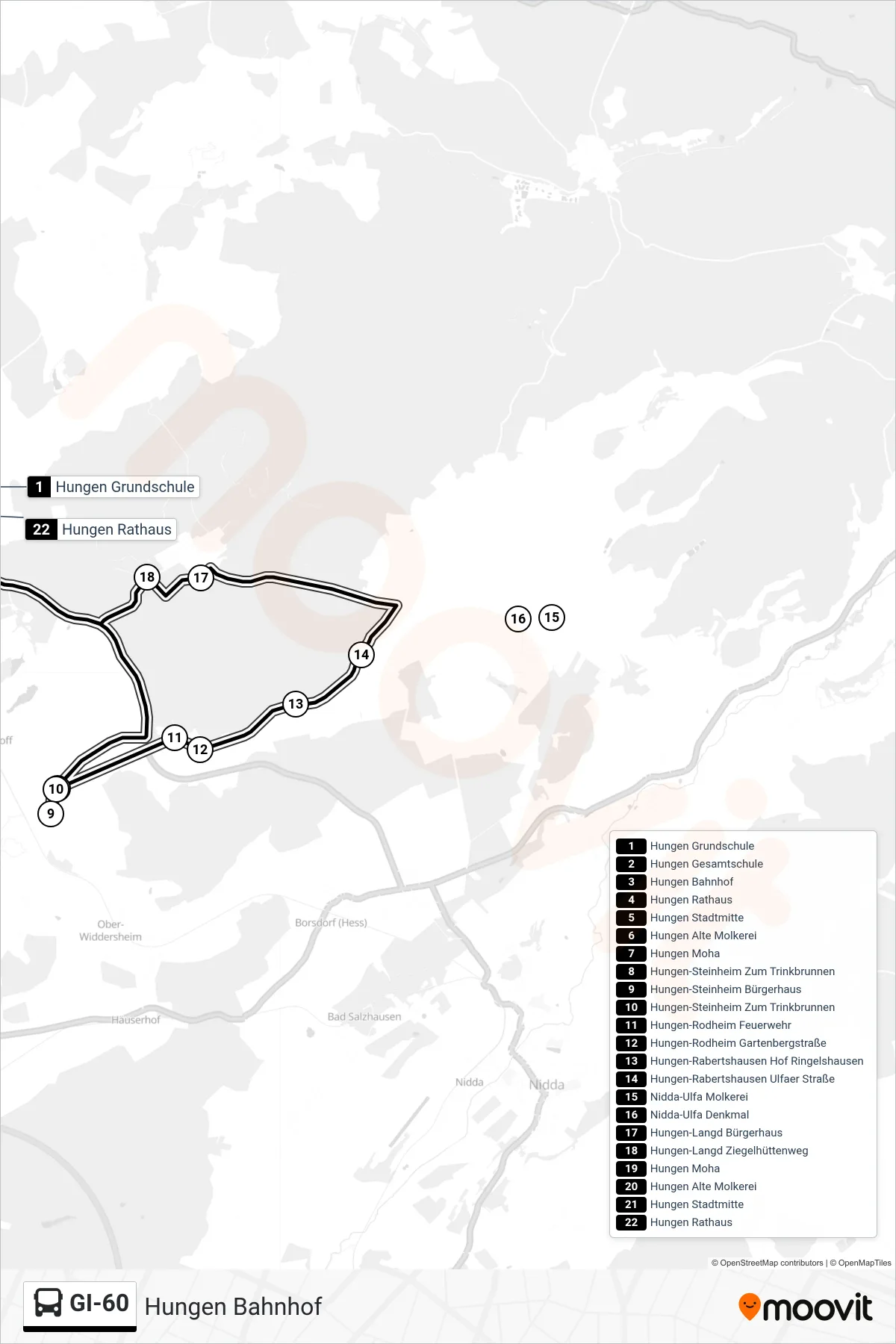GI-60 bus Line (Hungen Bahnhof) route and stops on a map