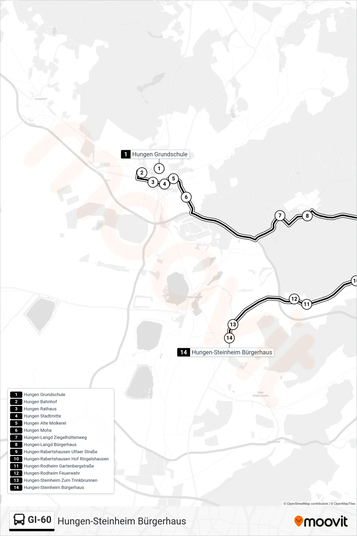 GI-60 bus Line (Hungen-Steinheim Bürgerhaus) route and stops on a map
