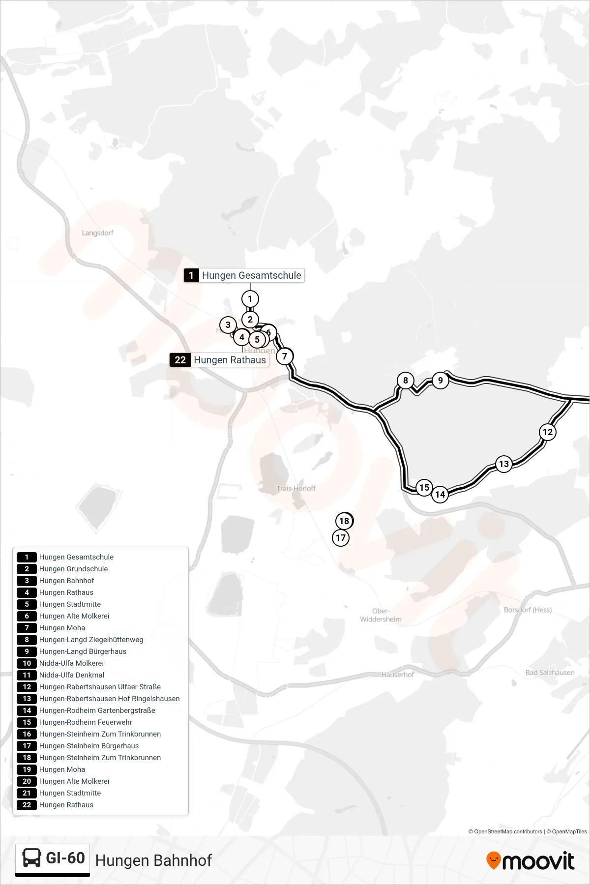 GI-60 bus Line (Hungen Bahnhof) route and stops on a map