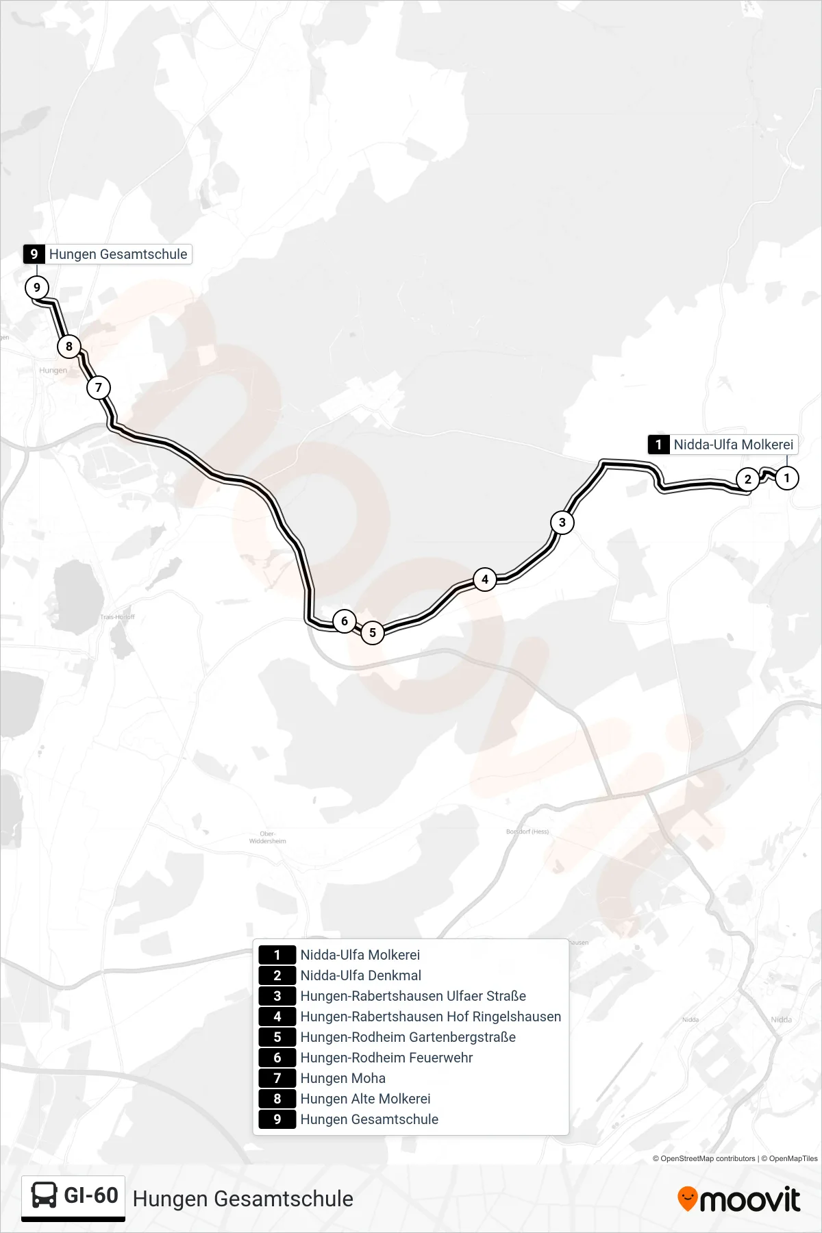 GI-60 bus Line (Hungen Gesamtschule) route and stops on a map