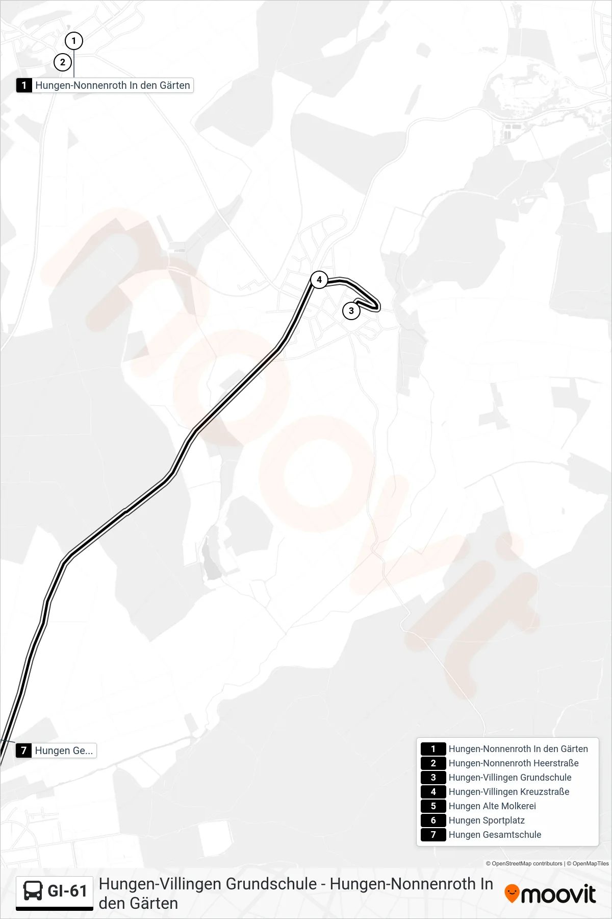 GI-61 bus Line (Hungen Gesamtschule) route and stops on a map
