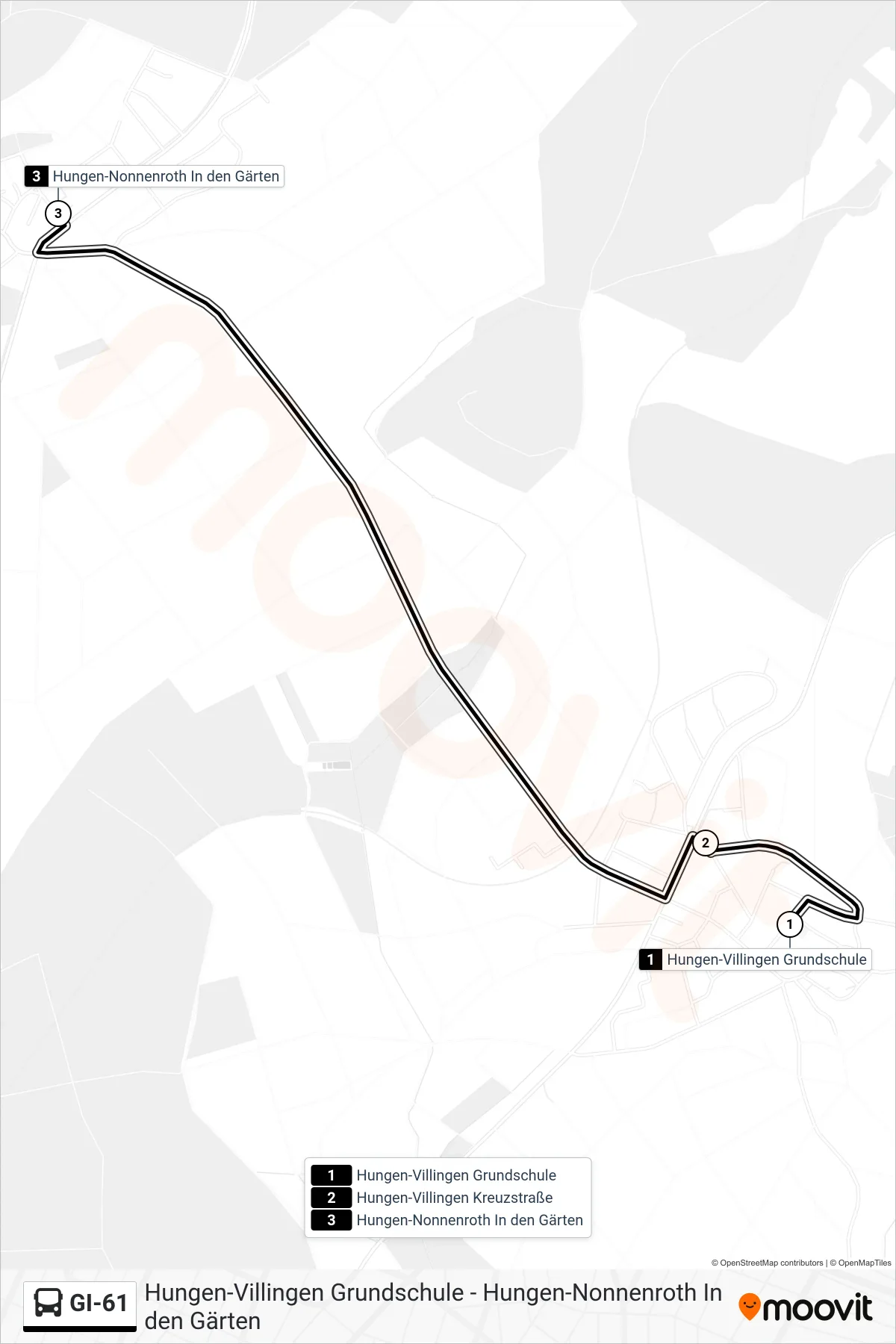 GI-61 bus Line (Hungen-Nonnenroth In den Gärten) route and stops on a map