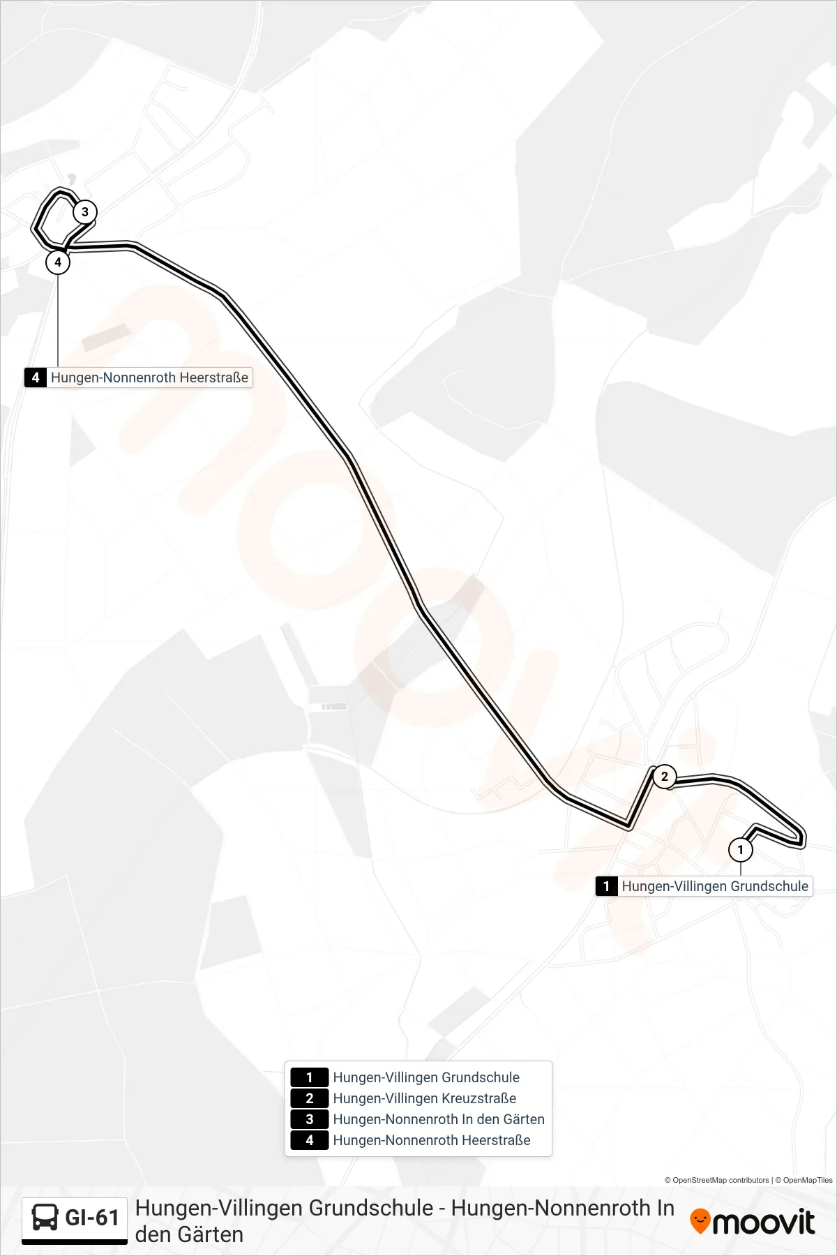 GI-61 bus Line (Hungen-Nonnenroth Heerstraße) route and stops on a map