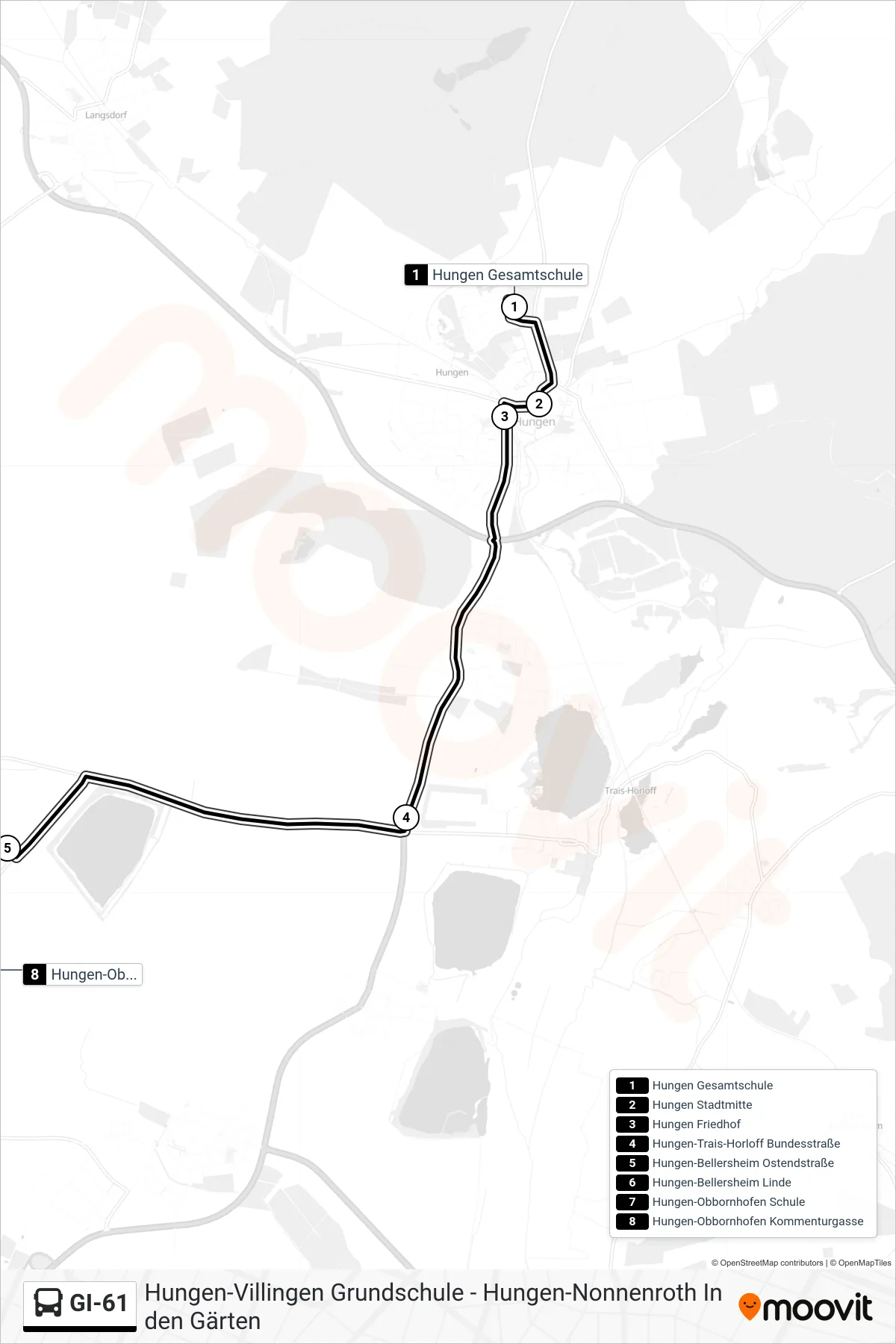 GI-61 bus Line (Hungen-Obbornhofen Kommenturgasse) route and stops on a map