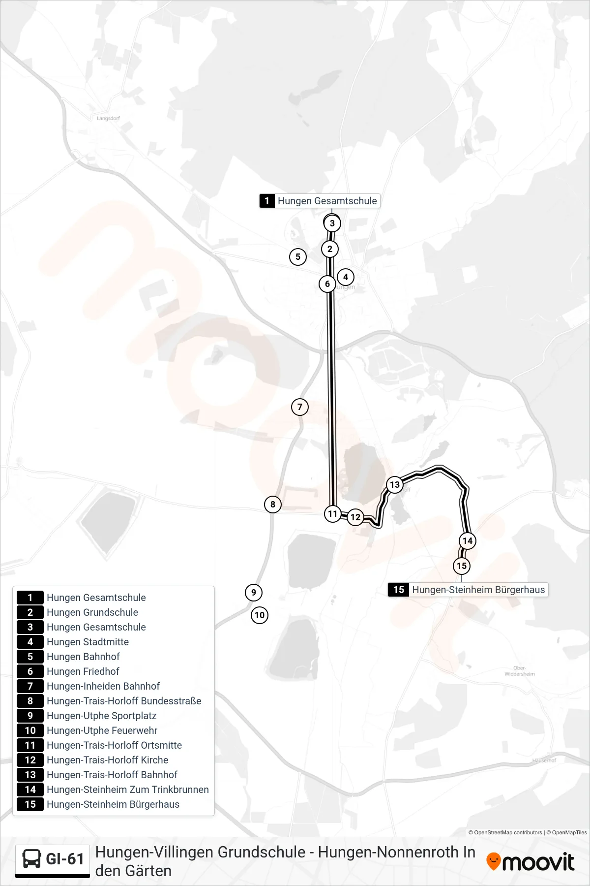 GI-61 bus Line (Hungen-Steinheim Bürgerhaus) route and stops on a map