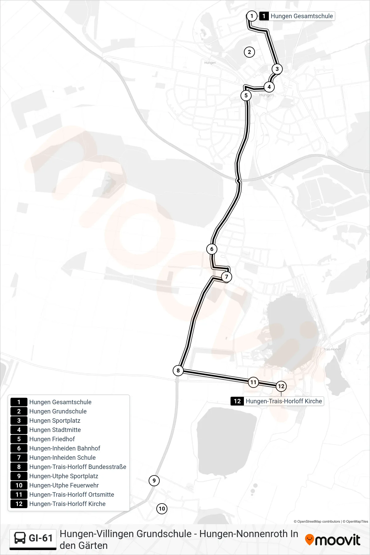 GI-61 bus Line (Hungen-Trais-Horloff Kirche) route and stops on a map