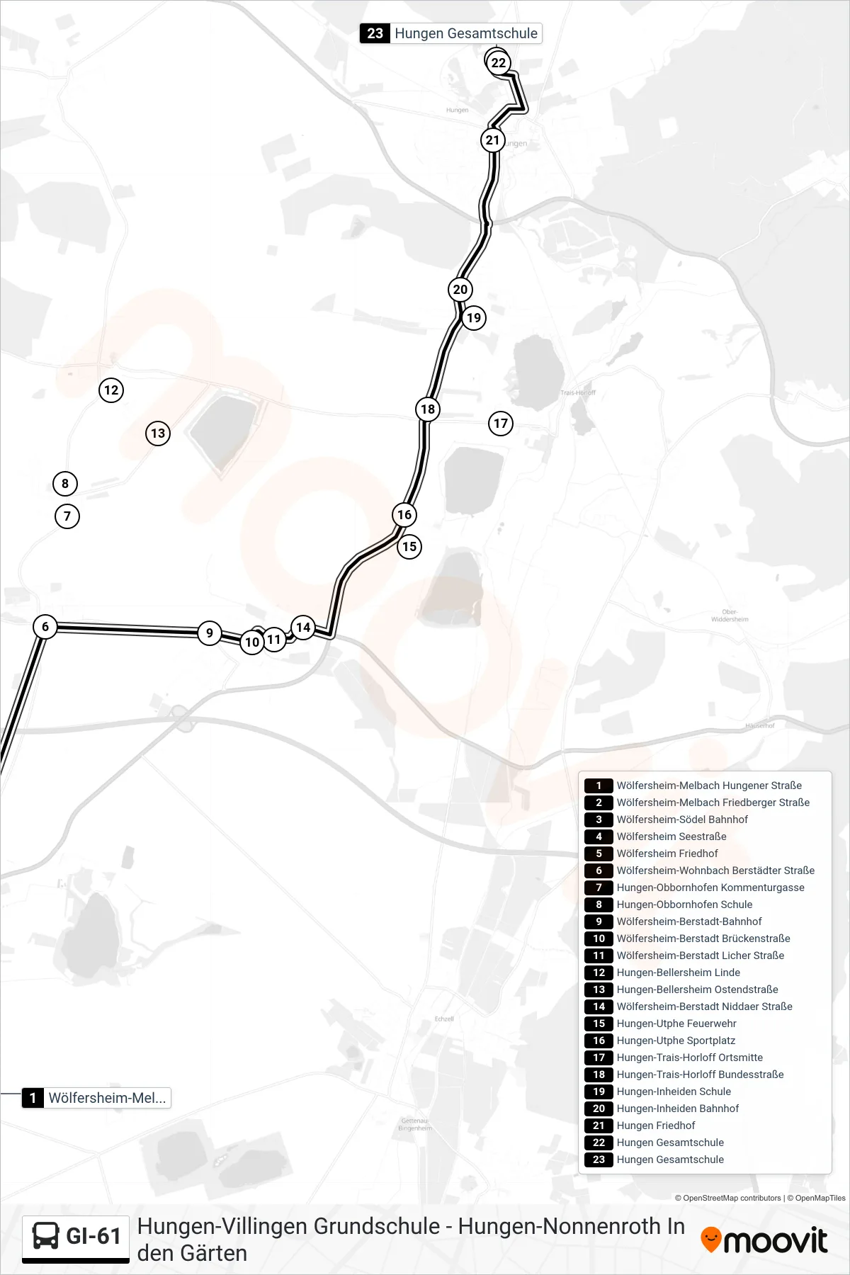 GI-61 bus Line (Hungen Gesamtschule) route and stops on a map