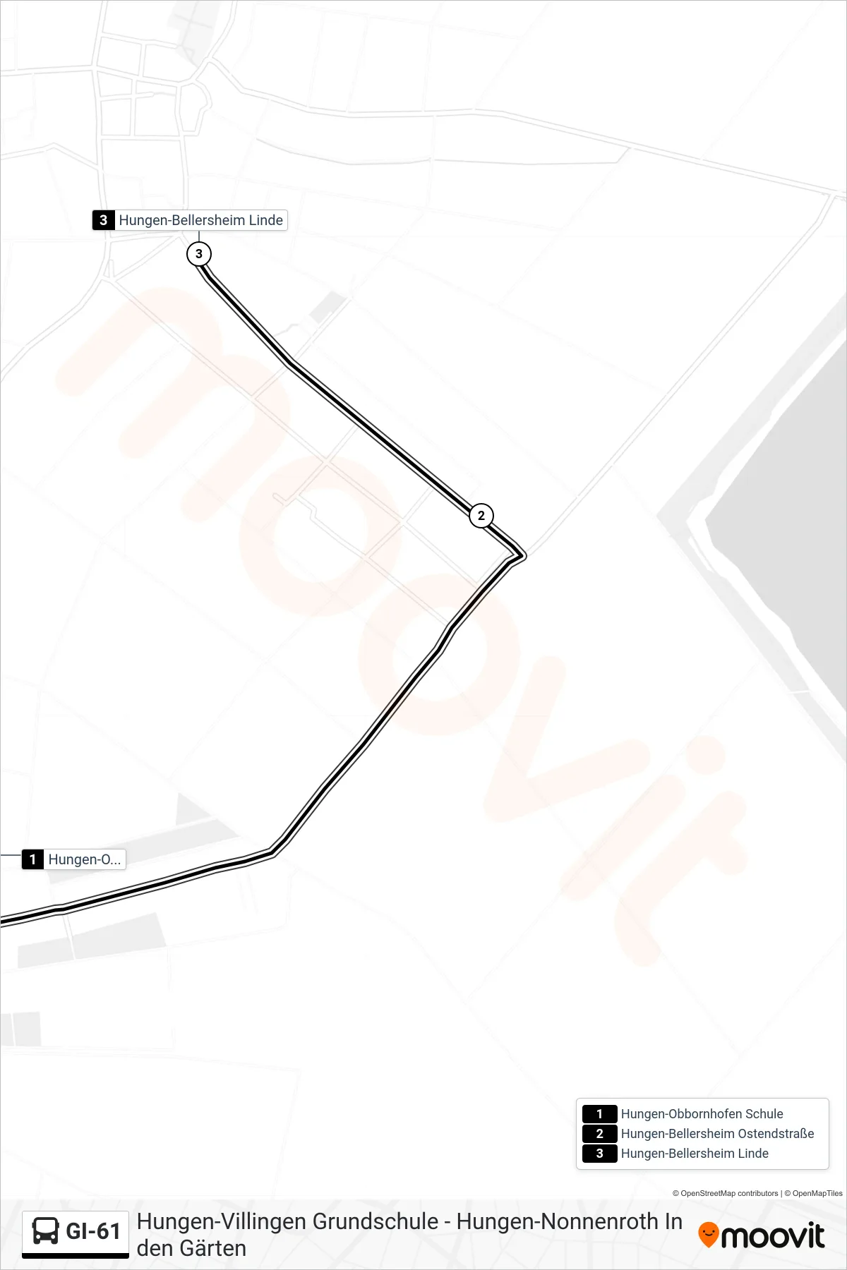 GI-61 bus Line (Hungen-Bellersheim Linde) route and stops on a map