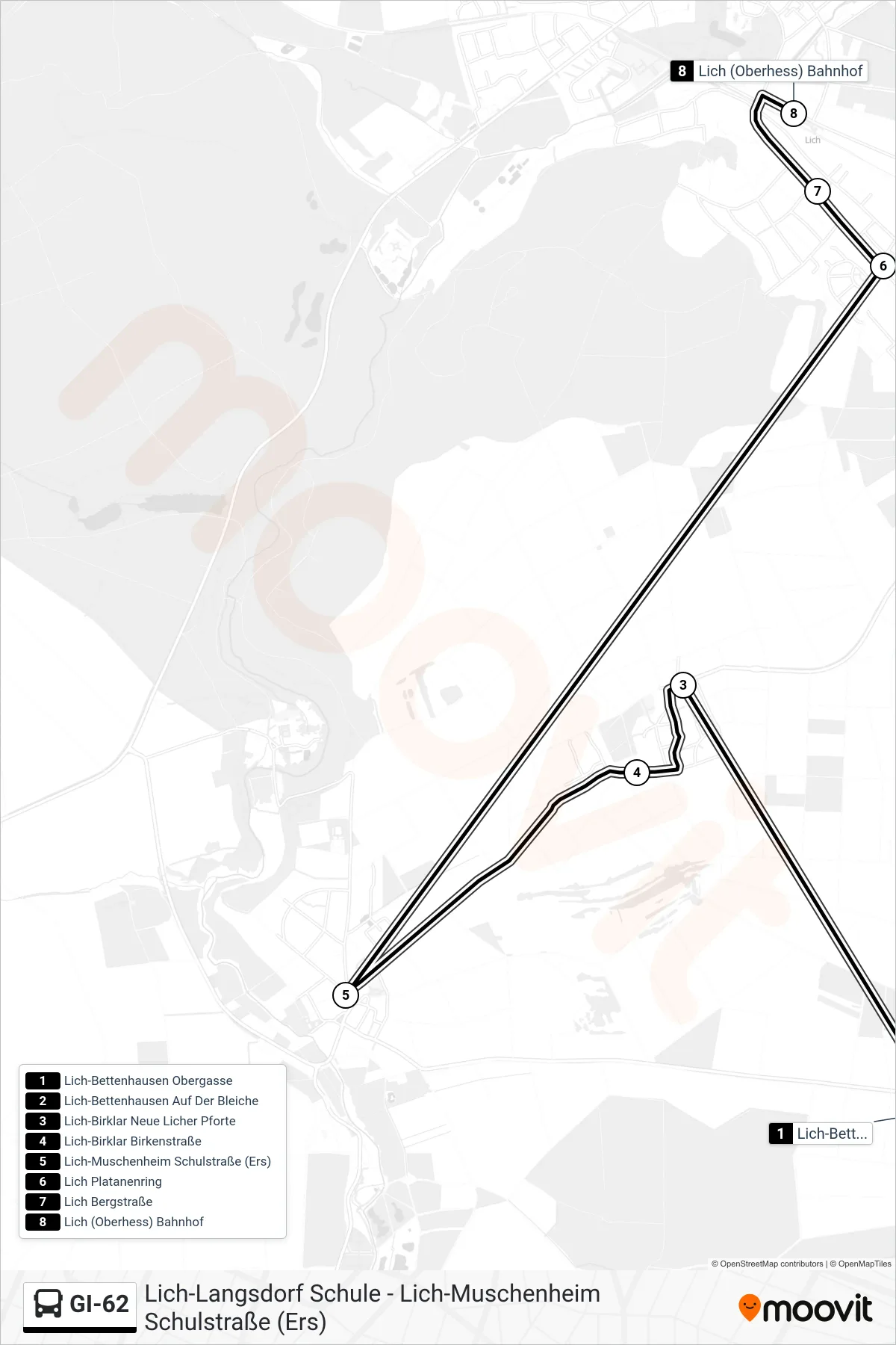 GI-62 bus Line (Lich (Oberhess) Bahnhof) route and stops on a map