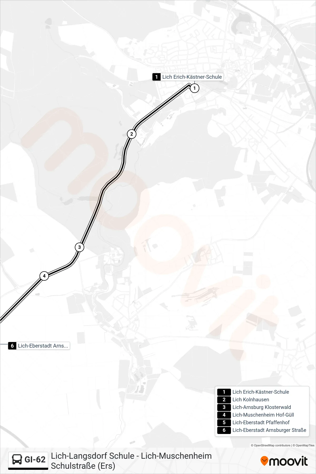 GI-62 bus Line (Lich-Eberstadt Arnsburger Straße) route and stops on a map