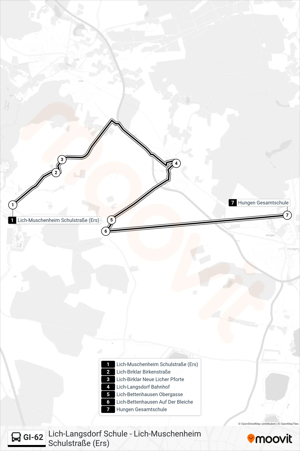 GI-62 bus Line (Hungen Gesamtschule) route and stops on a map