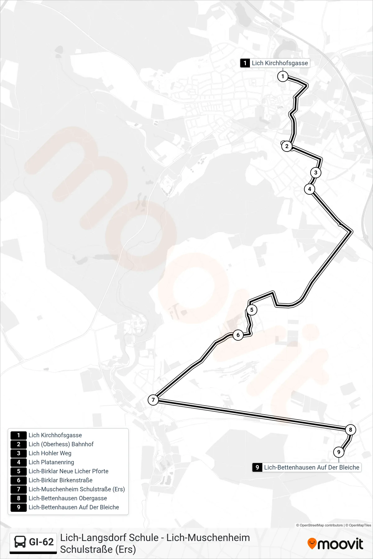 GI-62 bus Line (Lich-Bettenhausen Auf Der Bleiche) route and stops on a map