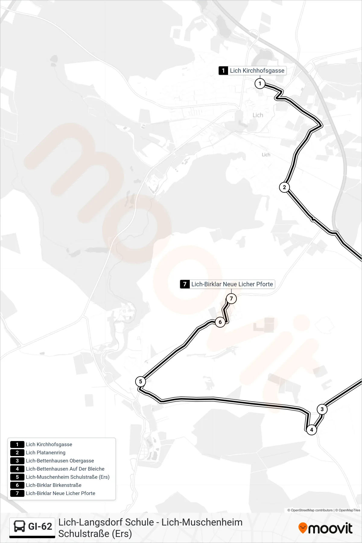 GI-62 bus Line (Lich-Birklar Neue Licher Pforte) route and stops on a map