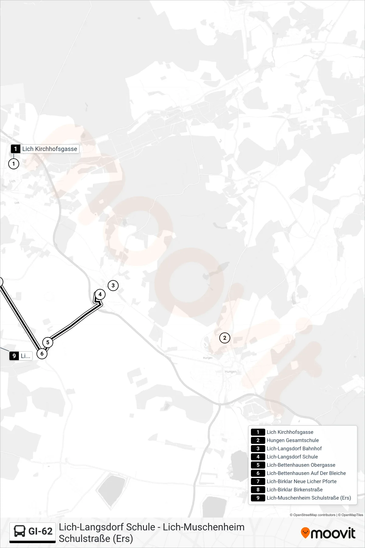 GI-62 bus Line (Lich-Muschenheim Schulstraße (Ers)) route and stops on a map