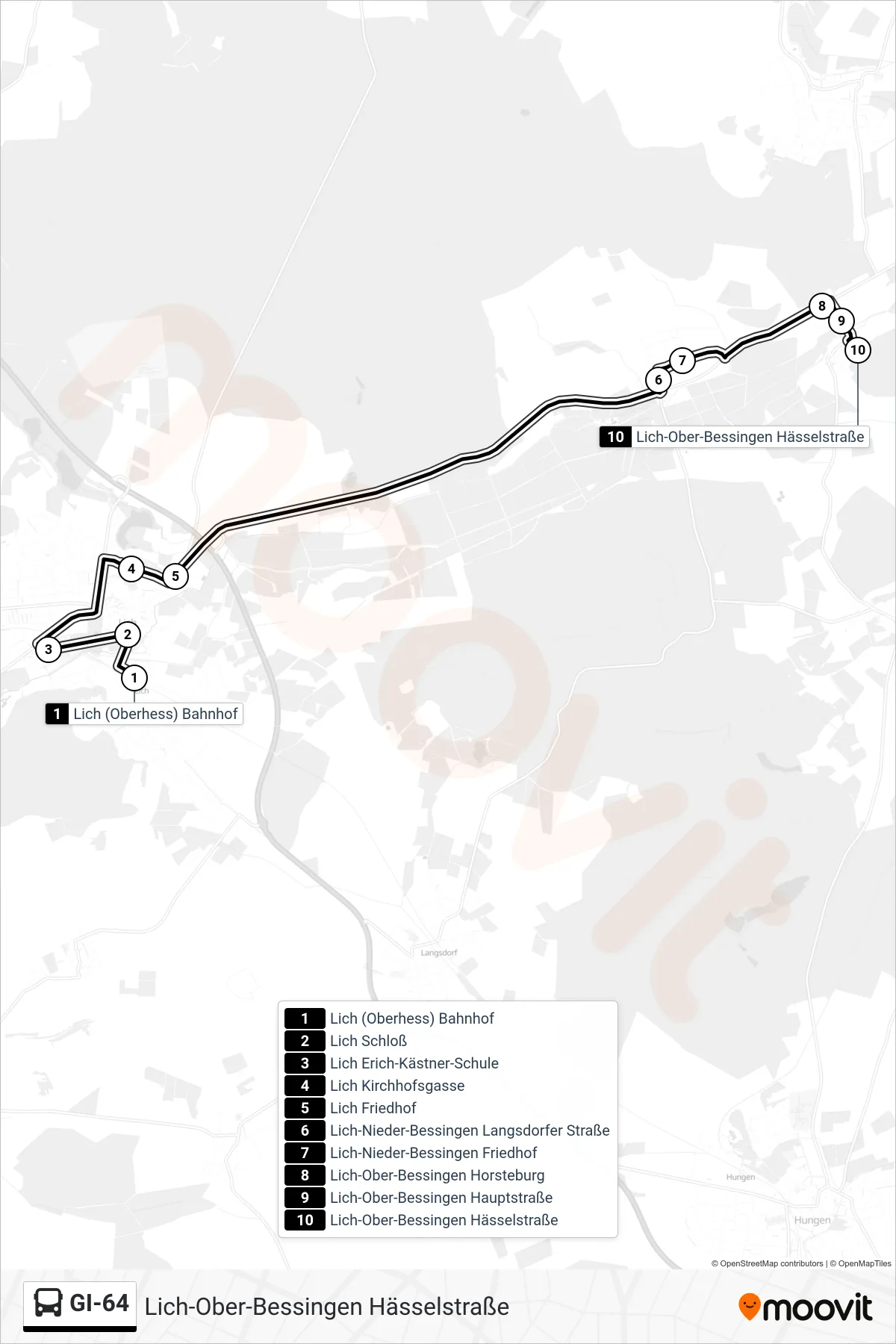 GI-64 bus Line (Lich-Ober-Bessingen Hässelstraße) route and stops on a map