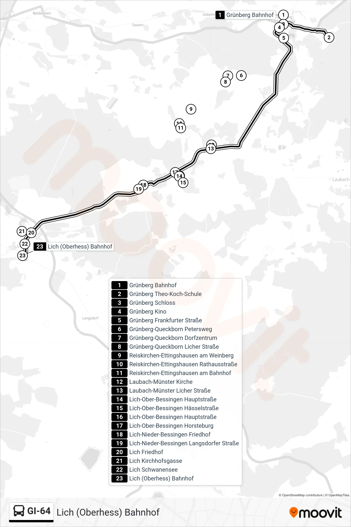 Linie GI-64 (Bus) Richtung Lich (Oberhess) Bahnhof: Route und Haltestellen auf der Karte